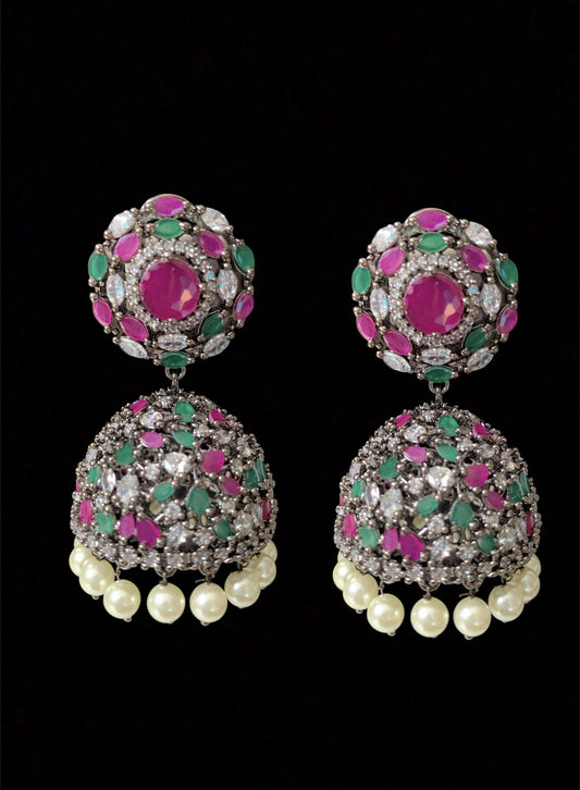 DER168  Laasya red green  cz jhumka ( READY TO SHIP )