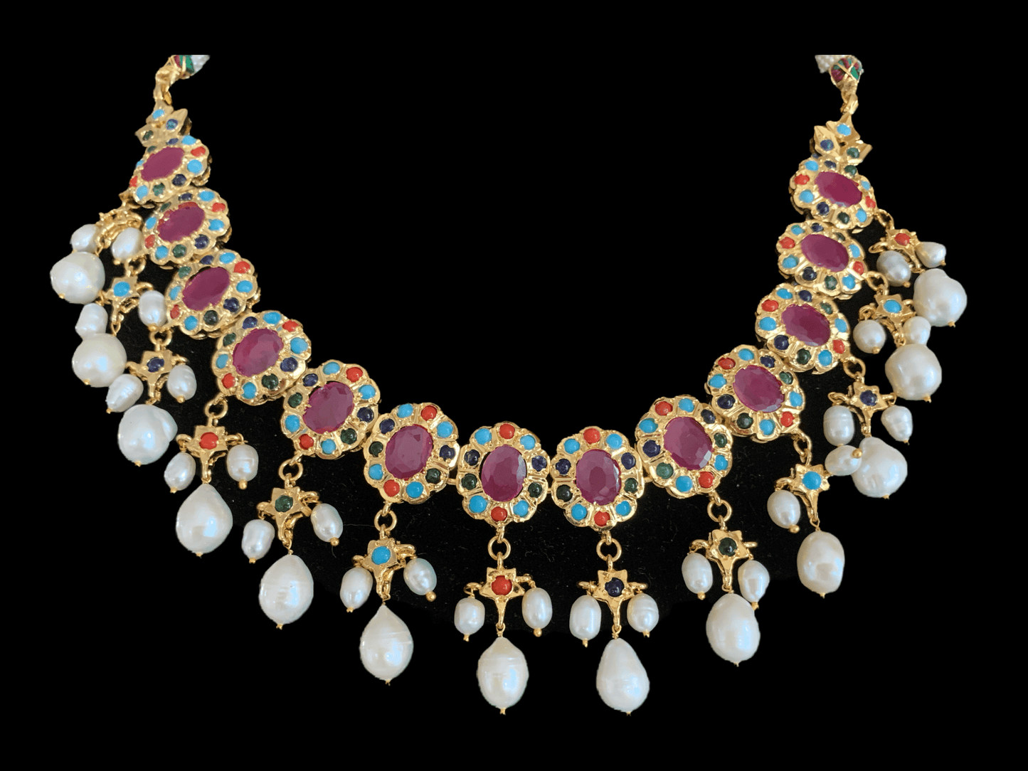 Pranila navratan hyderabadi necklace set in fresh water pearls ( SHIPS IN 4 WEEKS )