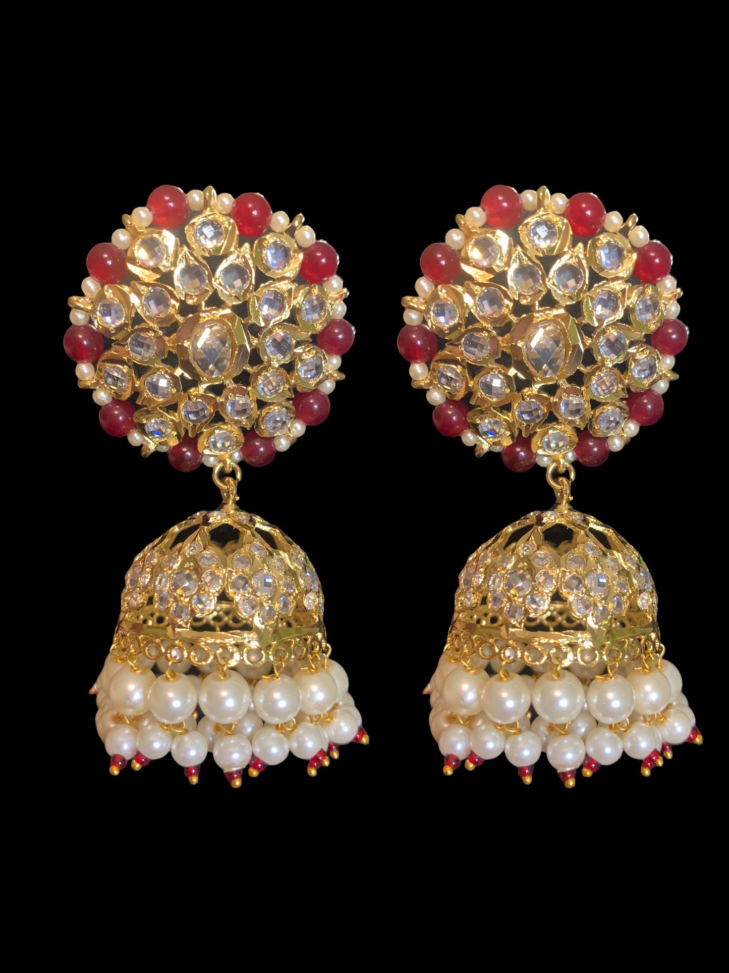 DER399 Amra hyderabadi jhumka in pearls  with ruby beads - large jhumka  ( READY TO SHIP)