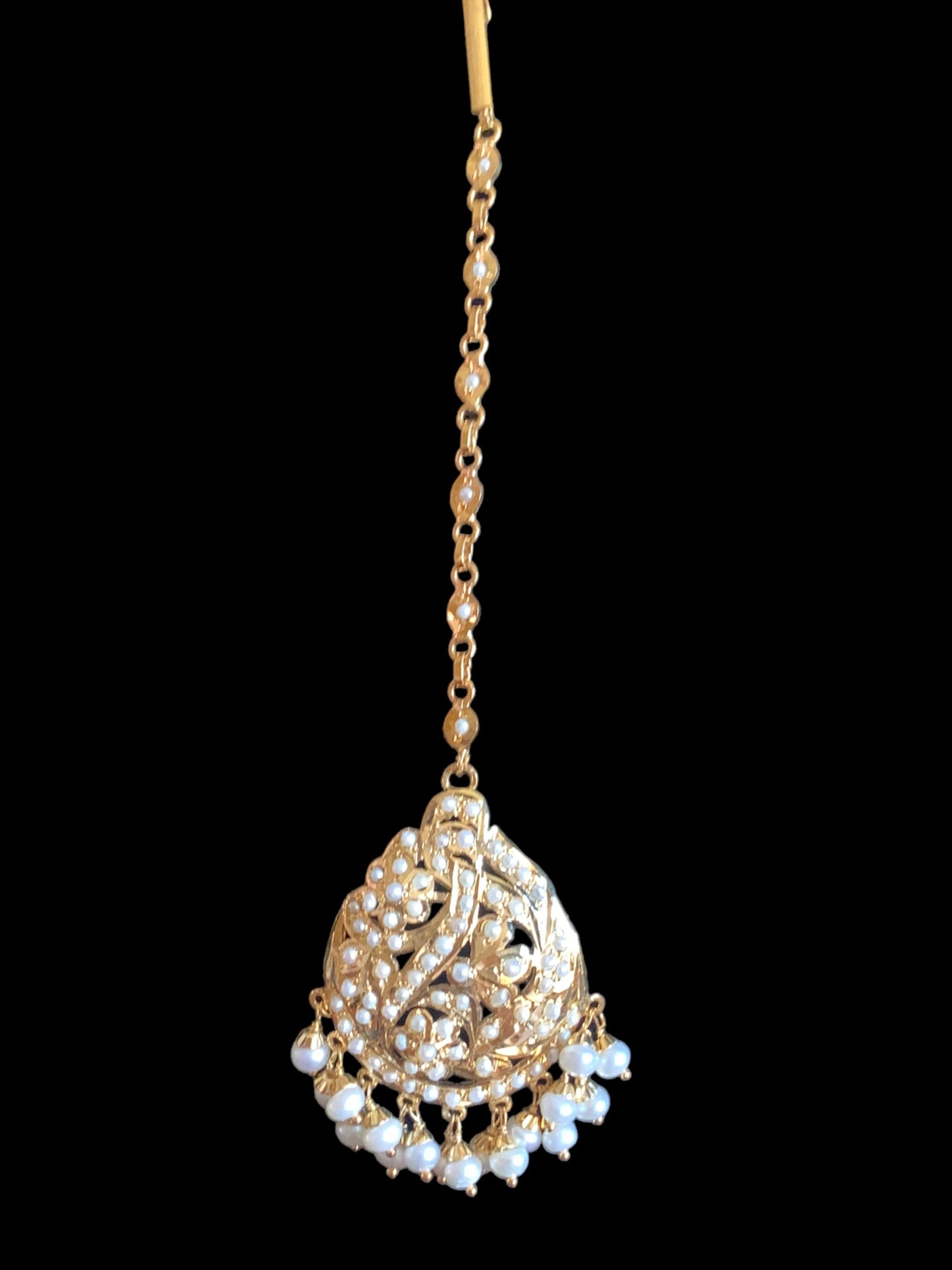 Gold plated silver tikka in fresh water pearls ( SHIPS IN 4 WEEKS  )
