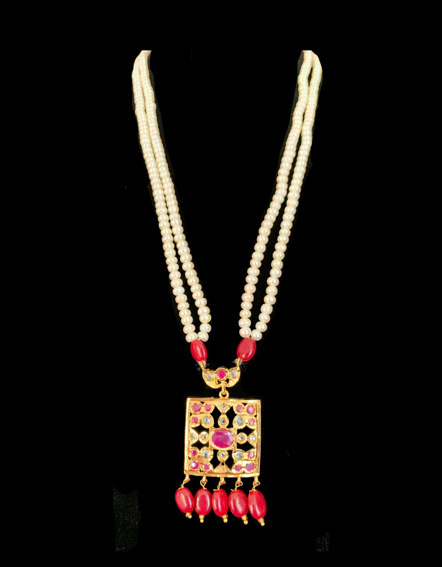 PS427 Zuni fresh water pearl pendant set in ruby beads ( READY TO SHIP)