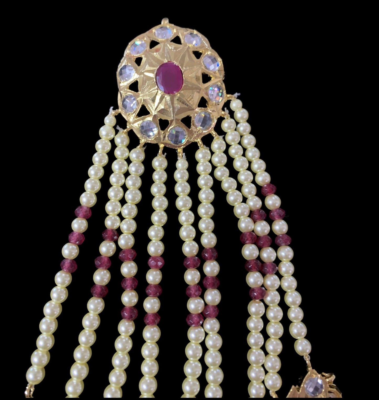 DJHR73 Ruby jhoomar / passa in golden pearls ( SHIPS IN 3 WEEKS  )