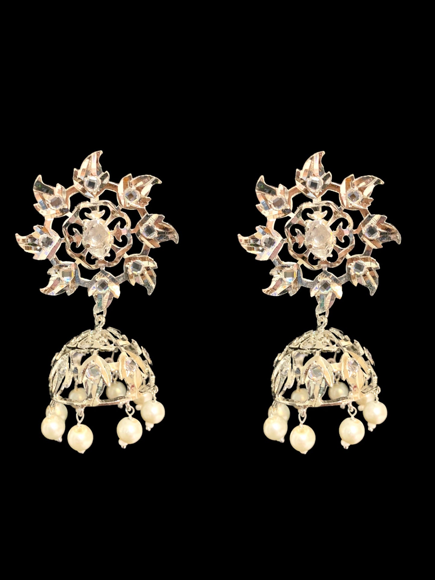 DER414 silver plated Karanphool jhumka ( pearls ) ( SHIPS IN 3 WEEKS )