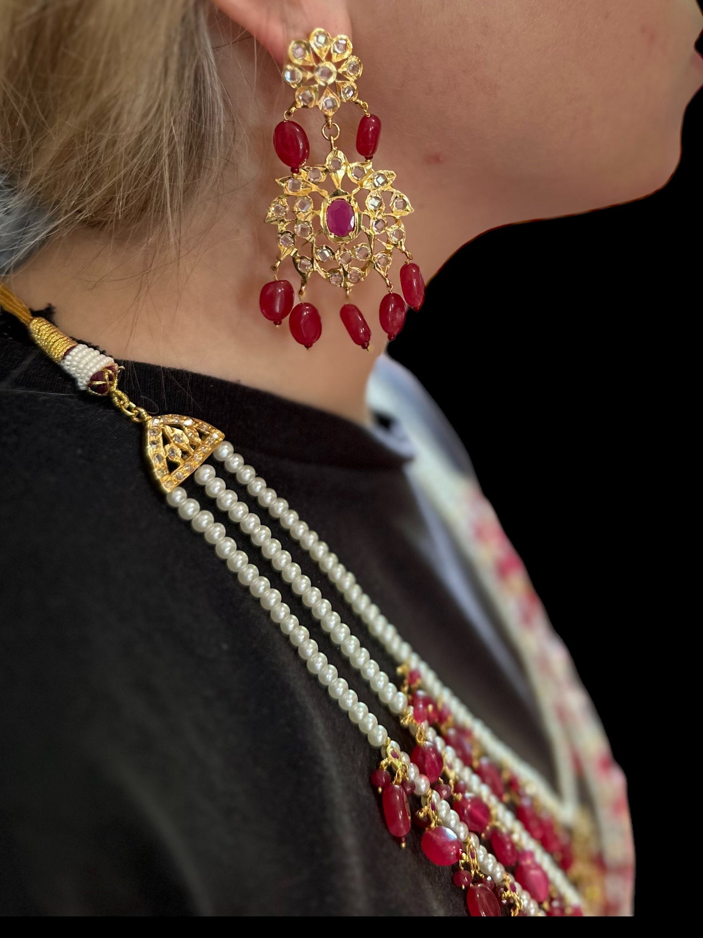 SAT79 Farmana three layer Hyderabadi Jadau necklace with earrings ( READY TO SHIP )