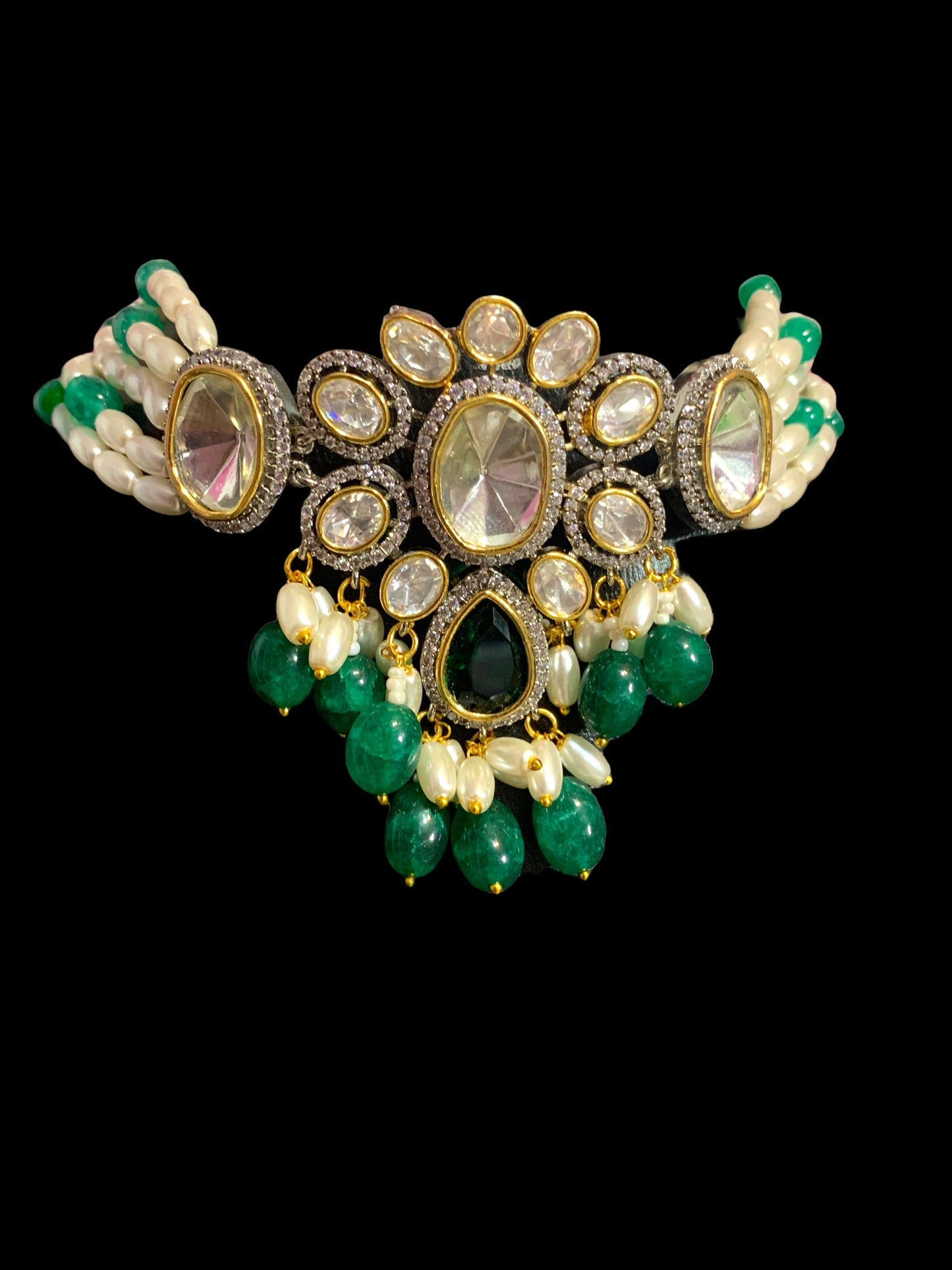 C206 Wajeeha polki choker with pearls and green blue beads ( READY TO SHIP)