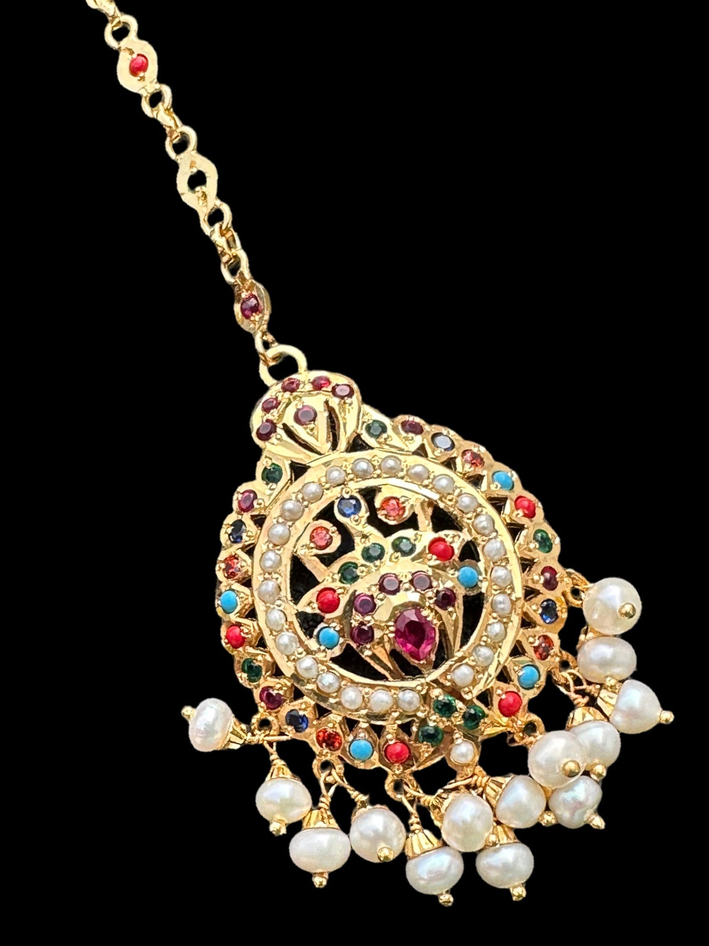 Gold plated silver tika in navratan ( READY TO SHIP )