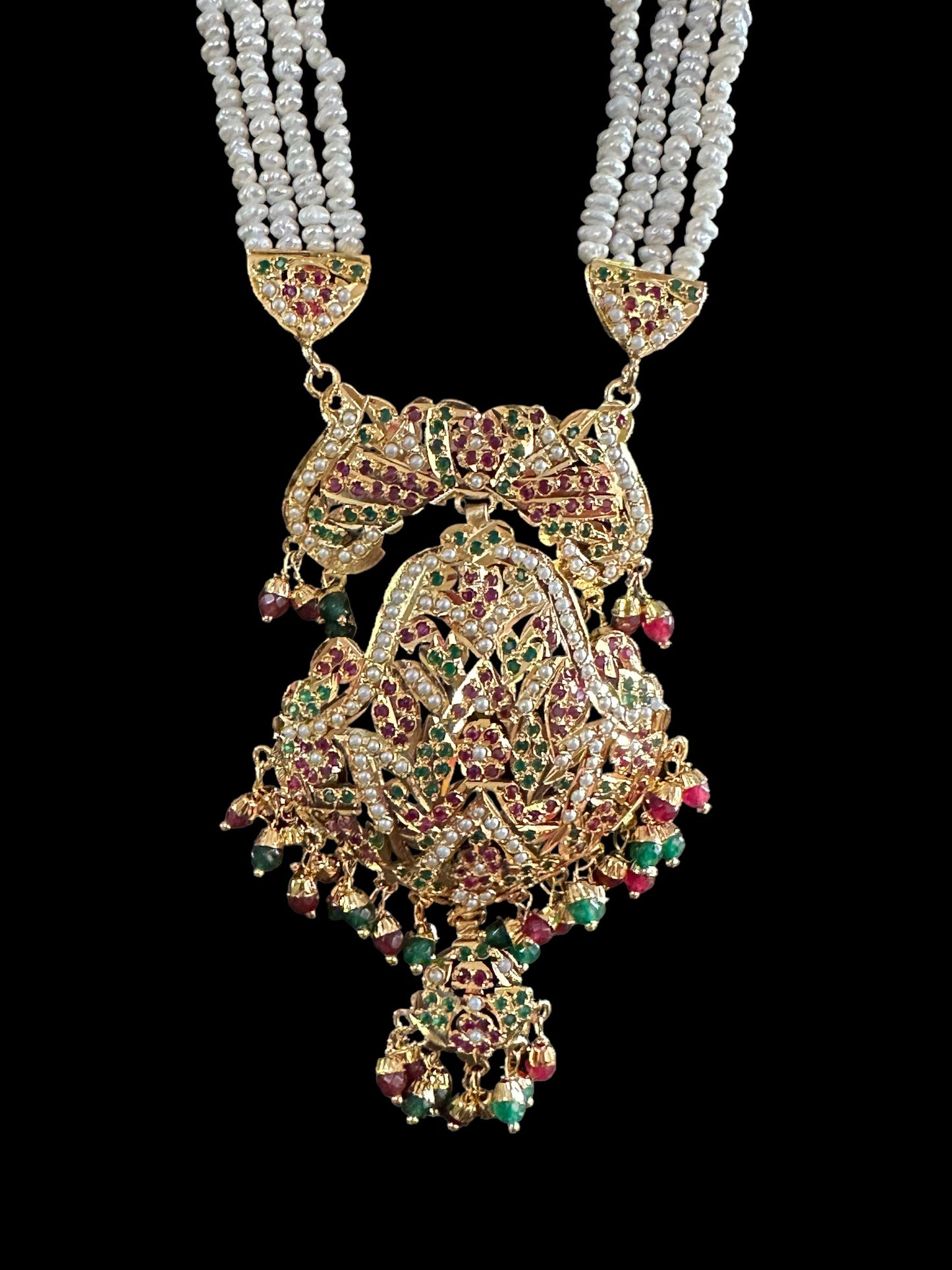DLN11 jadau rani haar in ruby emerald with fresh water pearls ( READY TO SHIP)