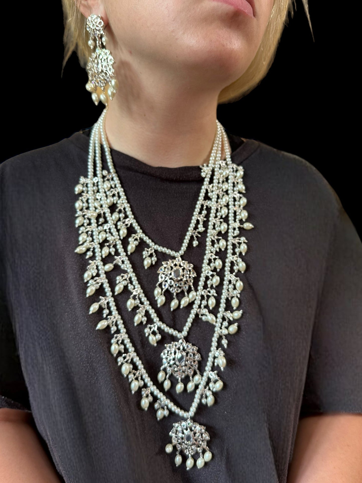 SAT76 Farmana three layer Hyderabadi necklace with earrings ( READY TO SHIP )