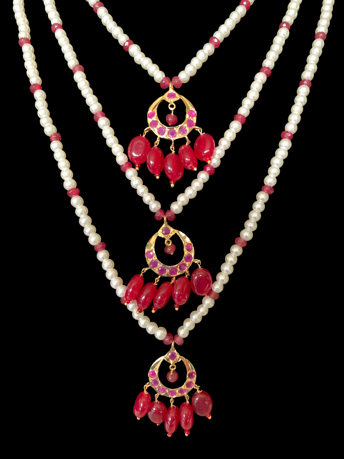 SAT72 Seema three layer necklace with chandbali- ruby ( READY TO SHIP )