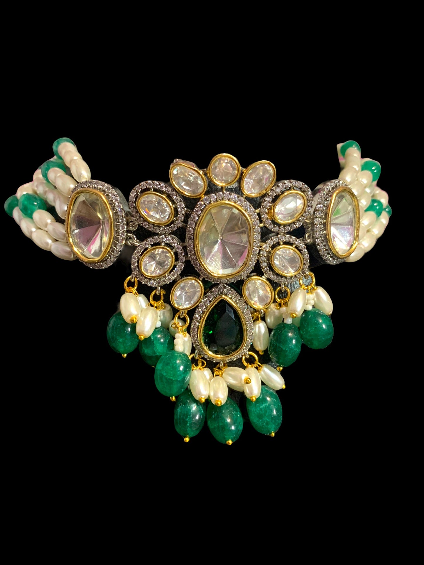 C206 Wajeeha polki choker with pearls and green blue beads ( READY TO SHIP)