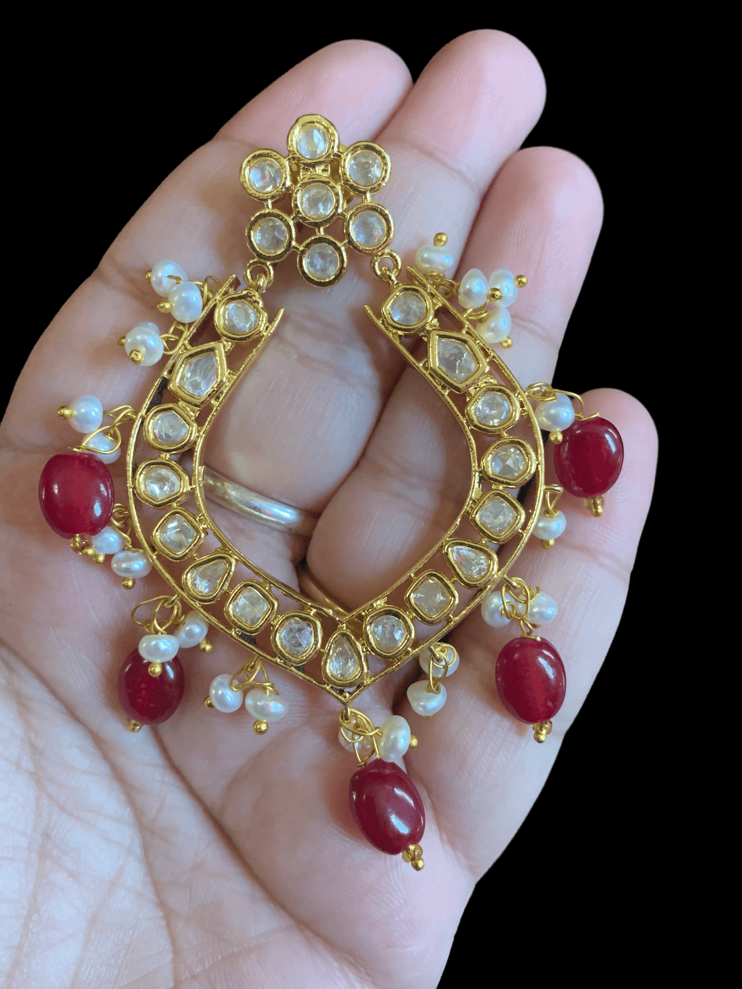 DER109 Elara polki earrings in fresh water pearls- ruby ( READY TO SHIP )