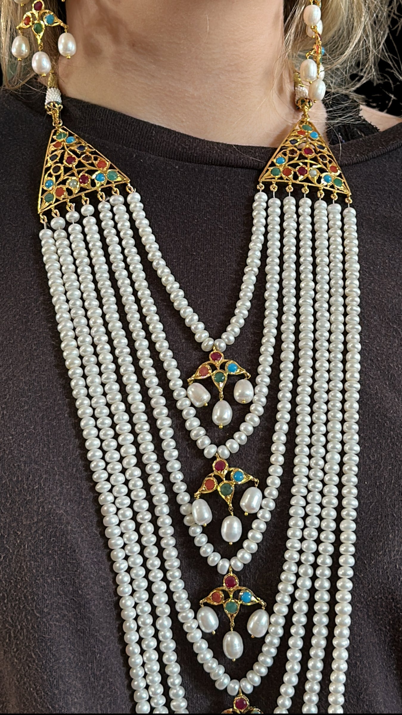 Hyderabadi Navratan satlada in gold plated silver with fresh water pearls (SHIPS IN 5 WEEKS )