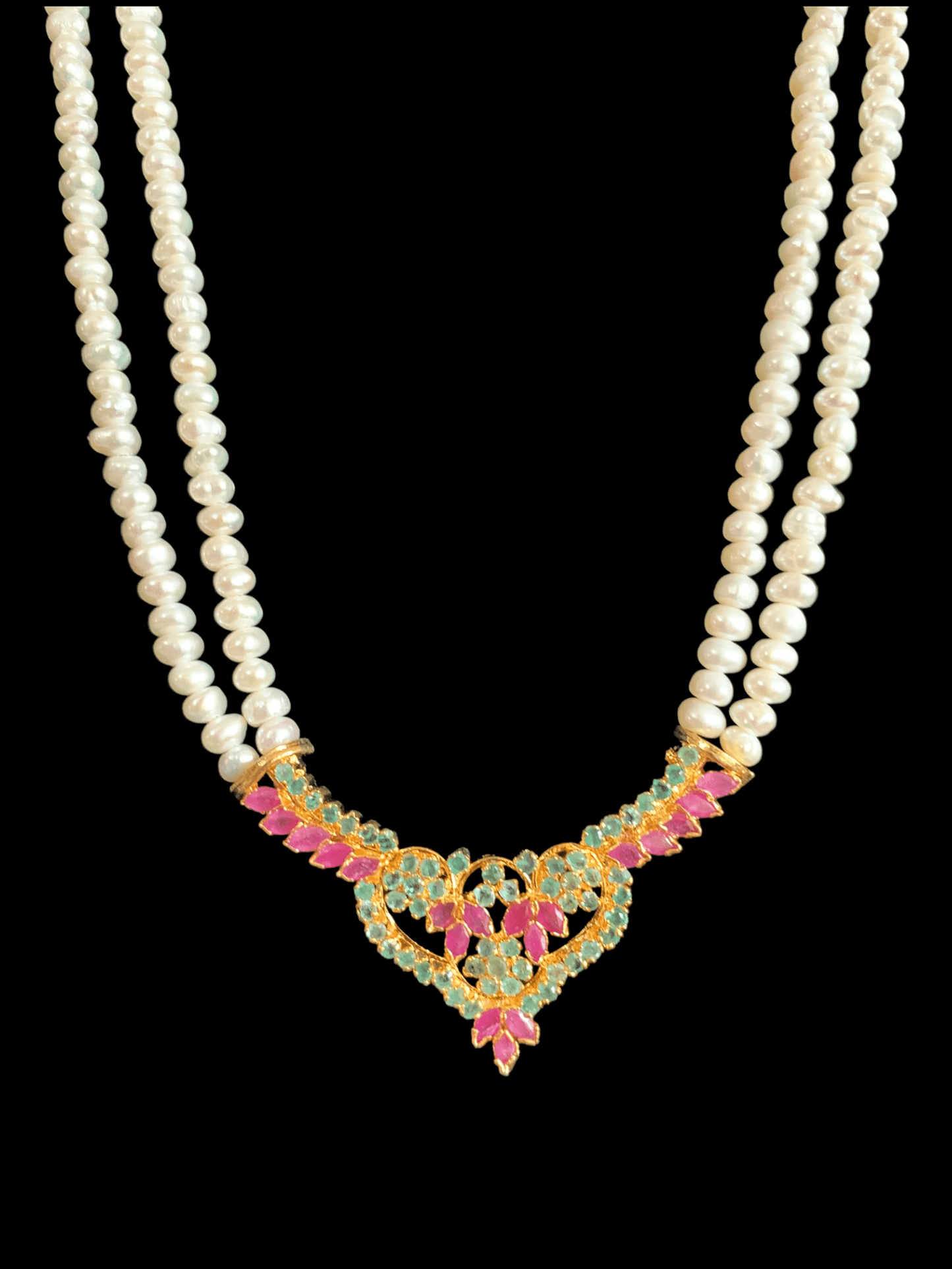 LN131 Ruby emerald long necklace set in fresh water pearls ( READY TO SHIP )