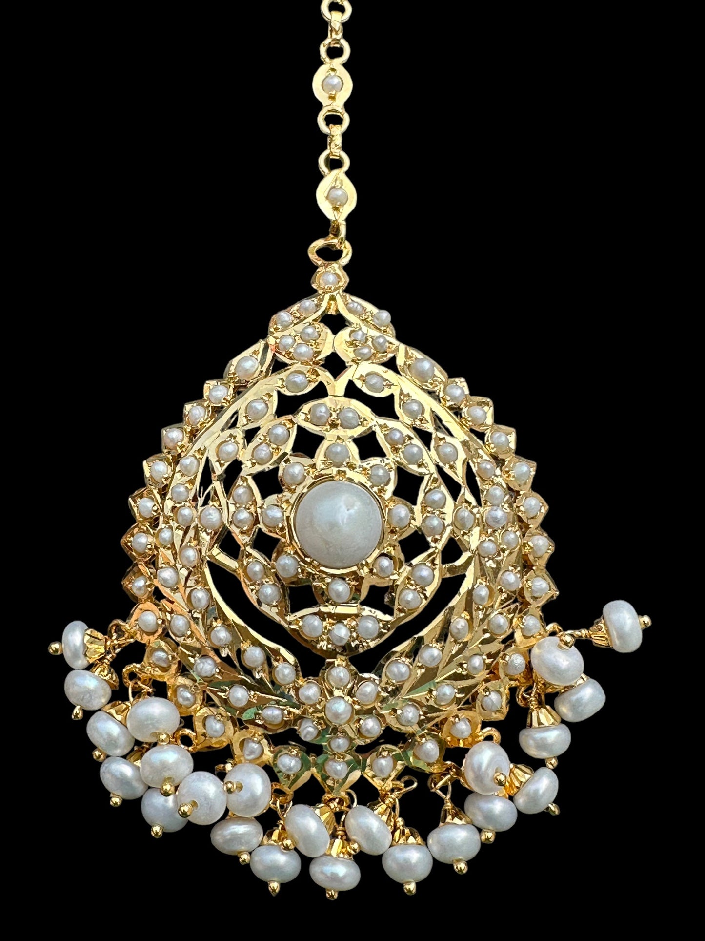 Gold plated silver tikka in fresh water pearls ( READY TO SHIP )