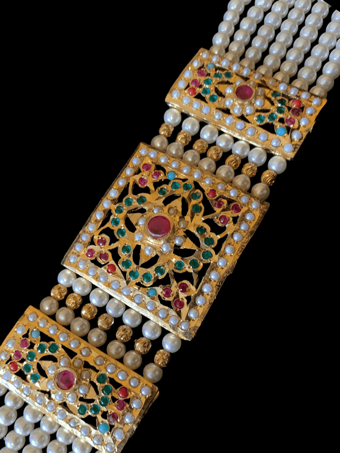 B66 Saira jadau bracelet in navratan with pearls ( READY TO SHIP )
