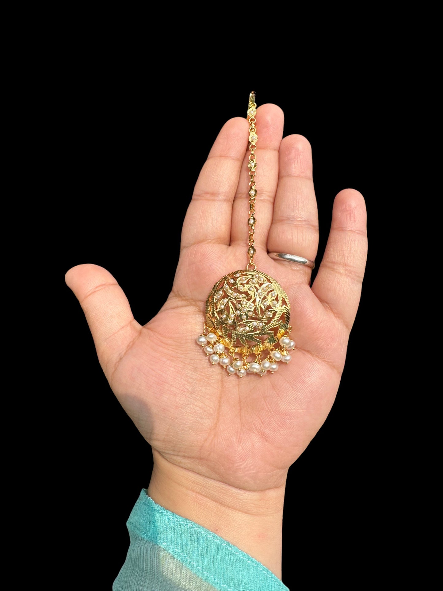 Gold plated silver tikka in fresh water pearls ( READY TO SHIP )