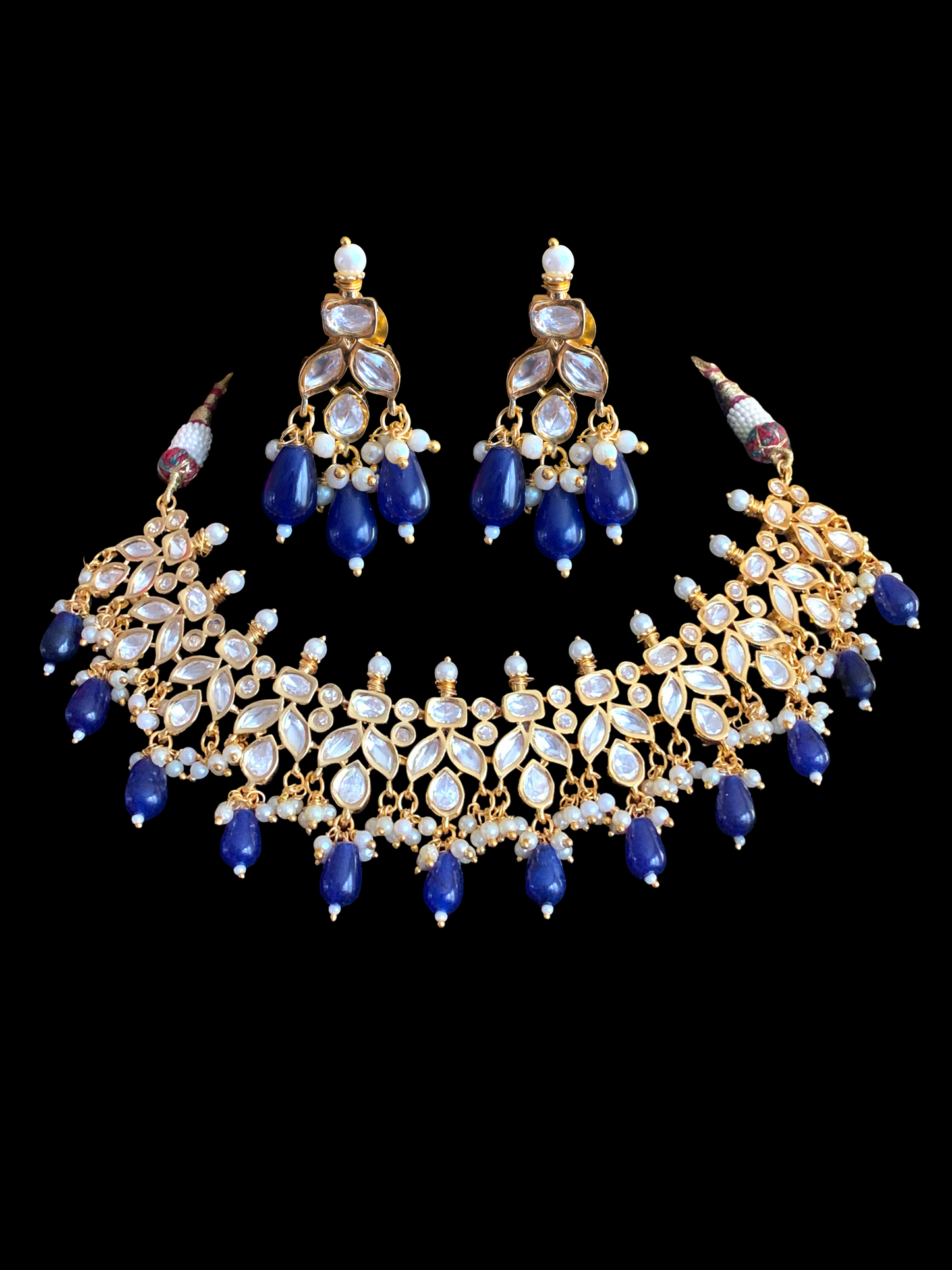 NS355 high quality polki necklace in pearls and blue beads ( READY TO SHIP)