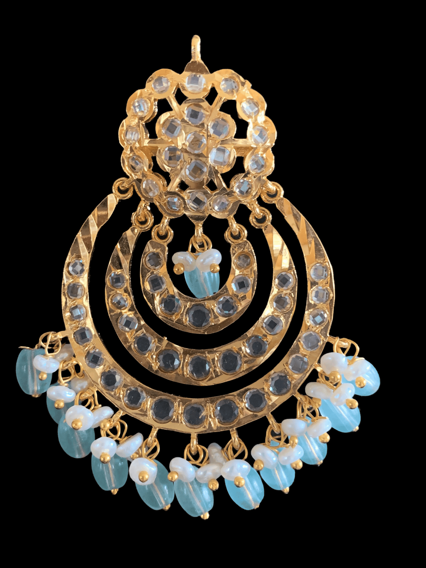 DER146 Tanzila Chandbali in aqua blue beads with fresh water pearls ( READY TO SHIP )