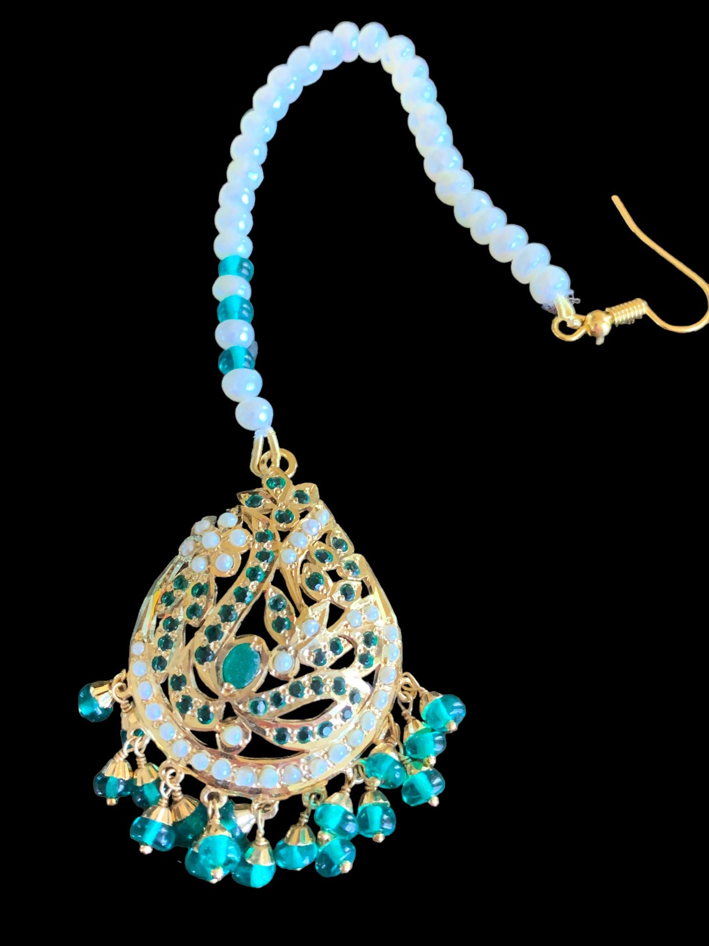 Gold plated silver tikka in pearls and emeralds ( READY TO SHIP )