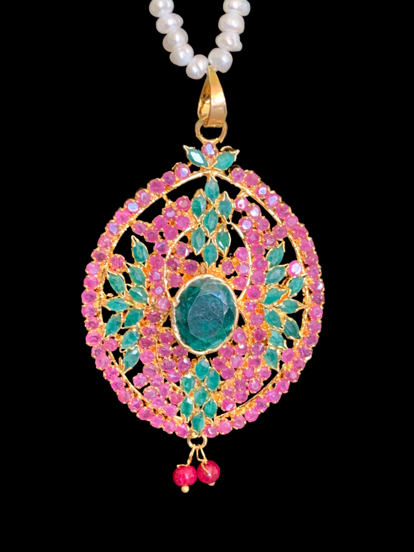 PS313 Gold plated ruby emerald pendant set with fresh water pearls ( READY TO SHIP)
