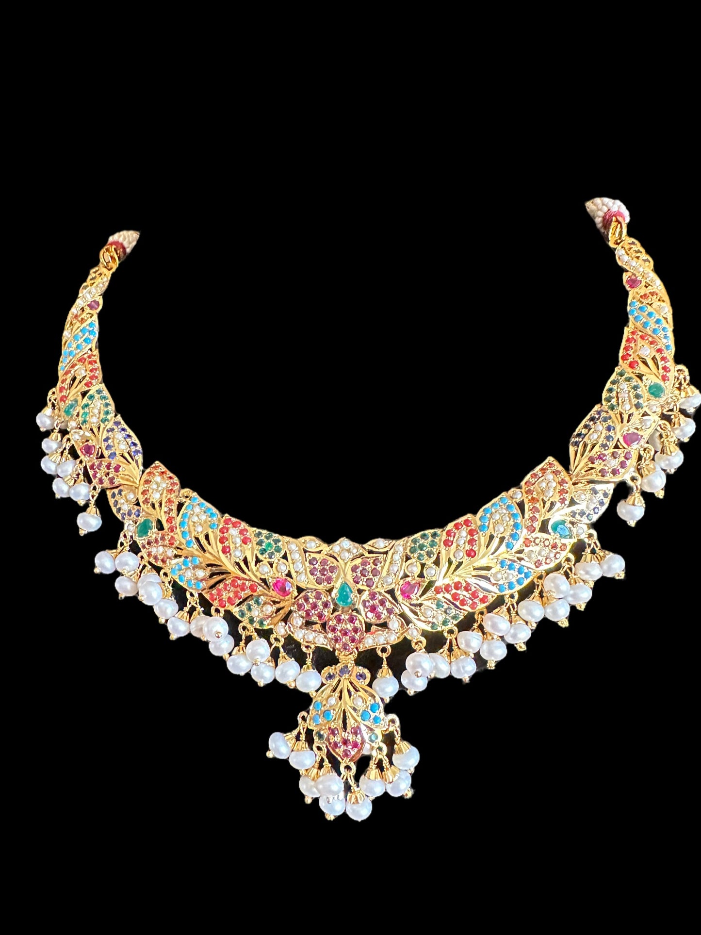 Navratan necklace set with fresh water pearls in gold plated silver ( READY TO SHIP )
