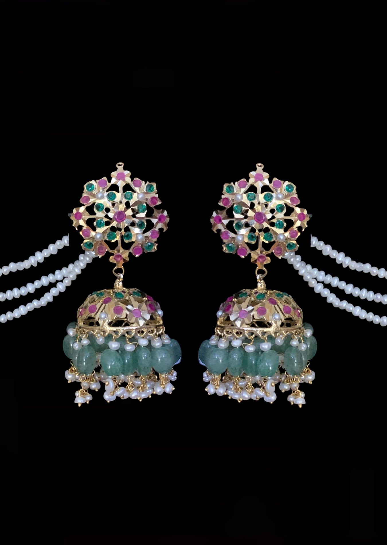 MAHIMA large jadau jhumka in emerald beads with fresh water pearls ( SHIPS IN 2 WEEKS )