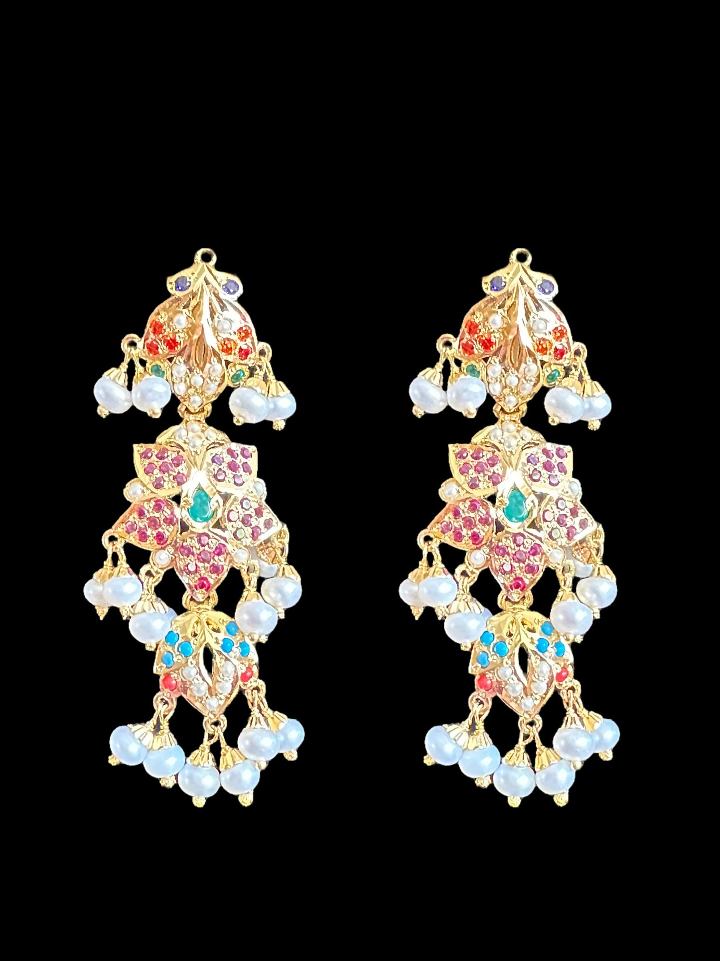 Navratan necklace set with fresh water pearls in gold plated silver ( READY TO SHIP )