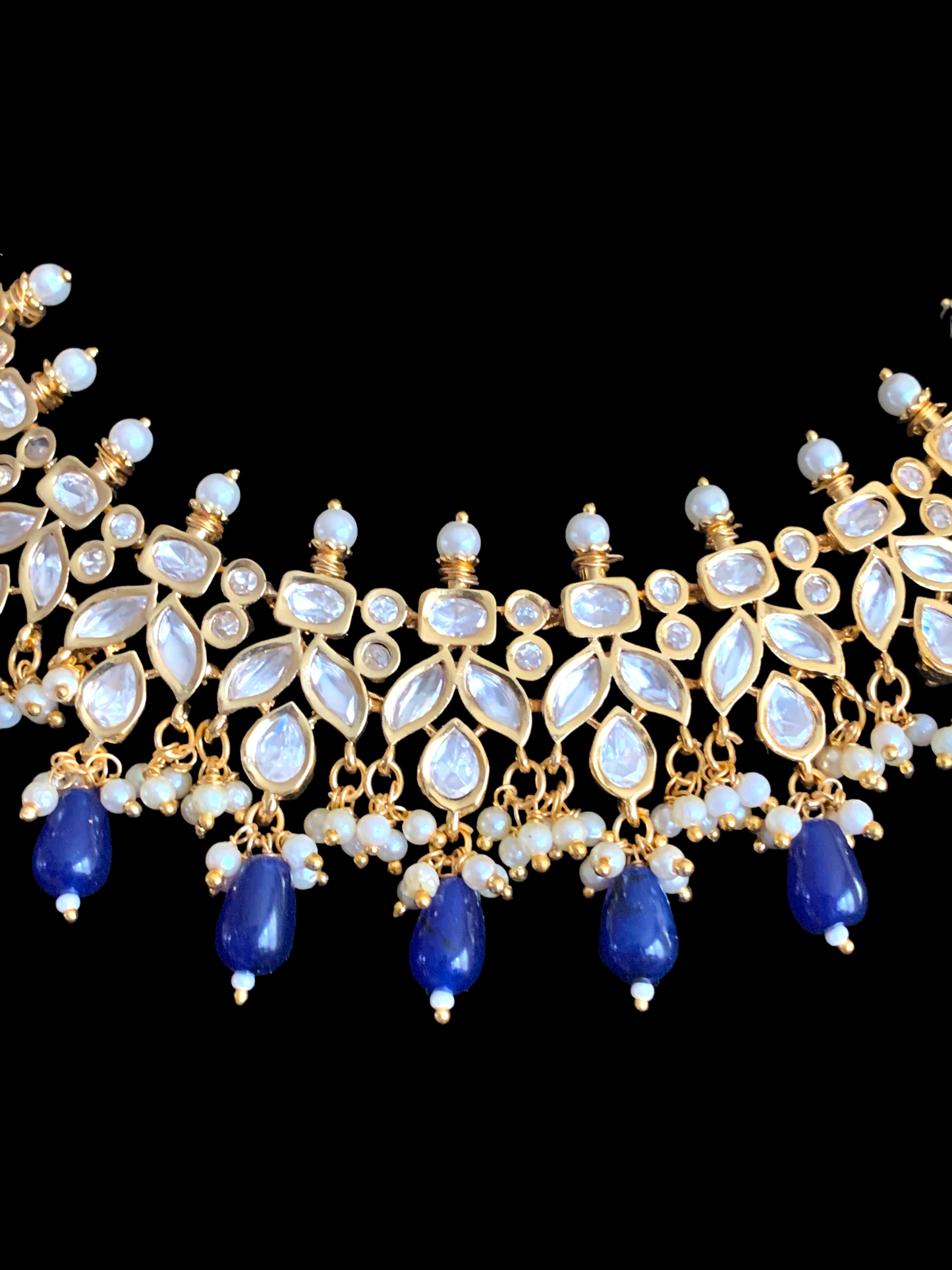 NS355 high quality polki necklace in pearls and blue beads ( READY TO SHIP)