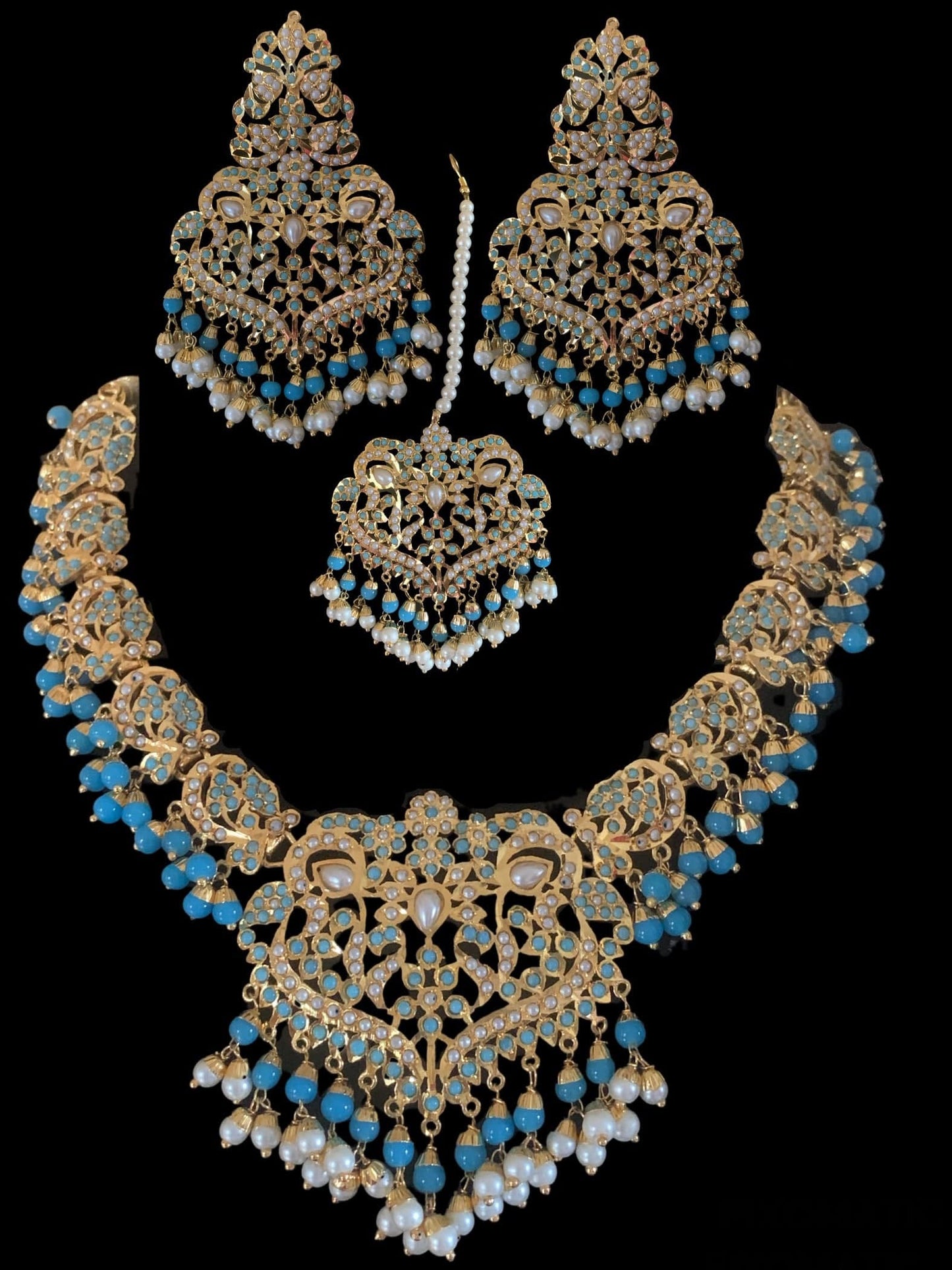 DNS25 Neeli jadau pearl necklace with earrings tika in turquoise (SHIPS IN 4 WEEKS )
