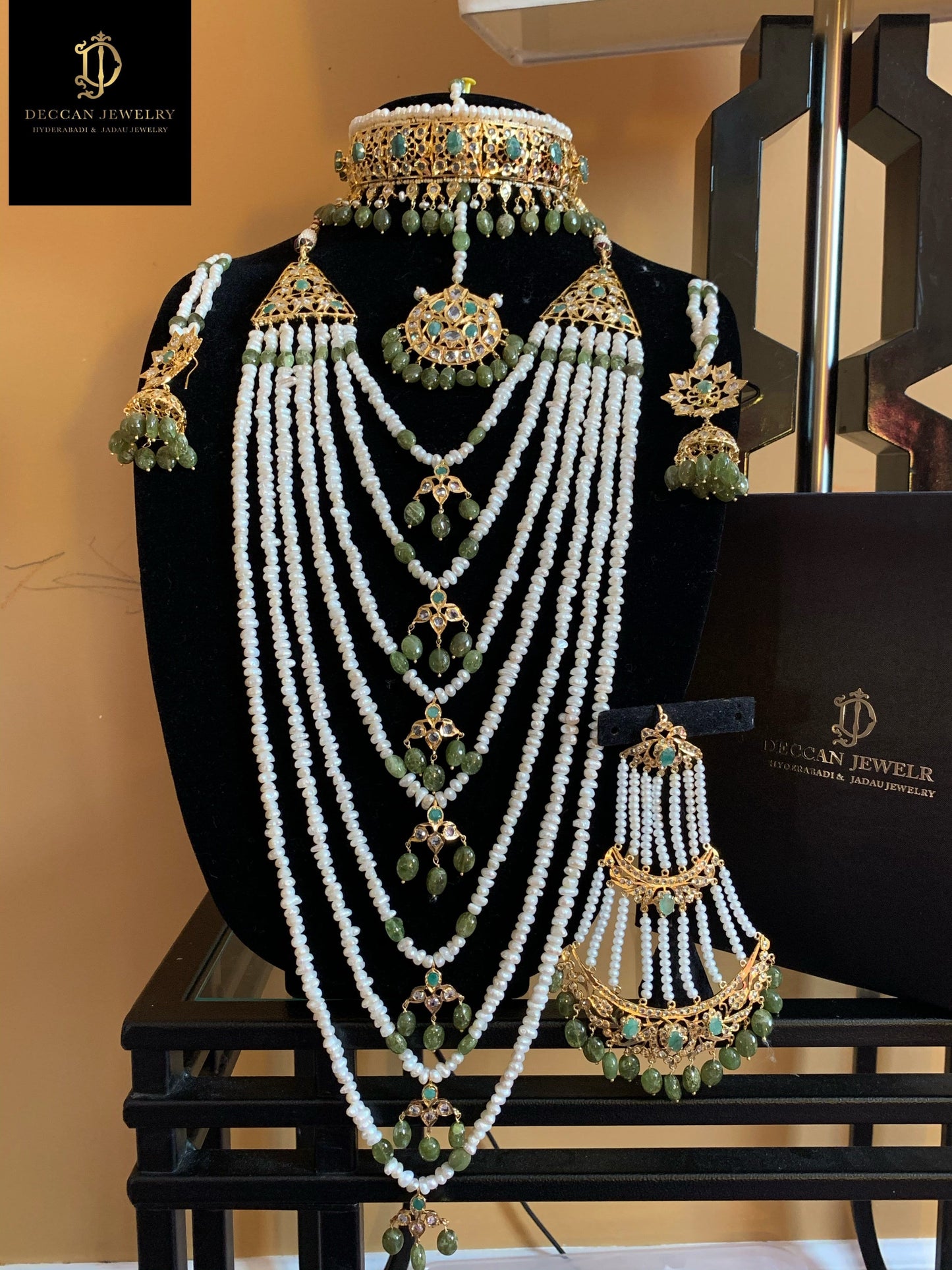 INSIA BRIDAL SET IN EMERALDS WITH FRESH WATER PEARLS ( SHIPS IN 2 WEEKS )