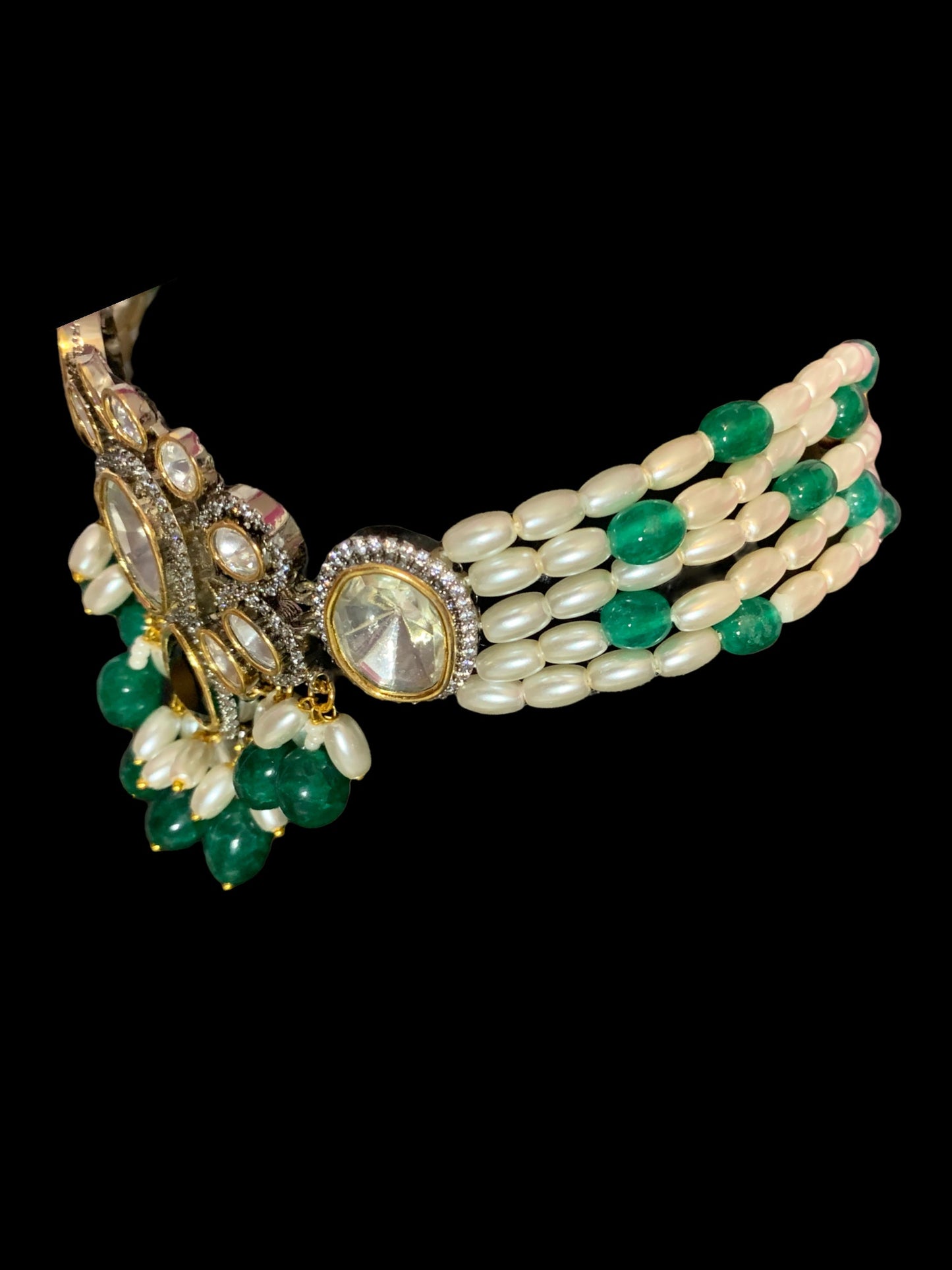 C206 Wajeeha polki choker with pearls and green blue beads ( READY TO SHIP)