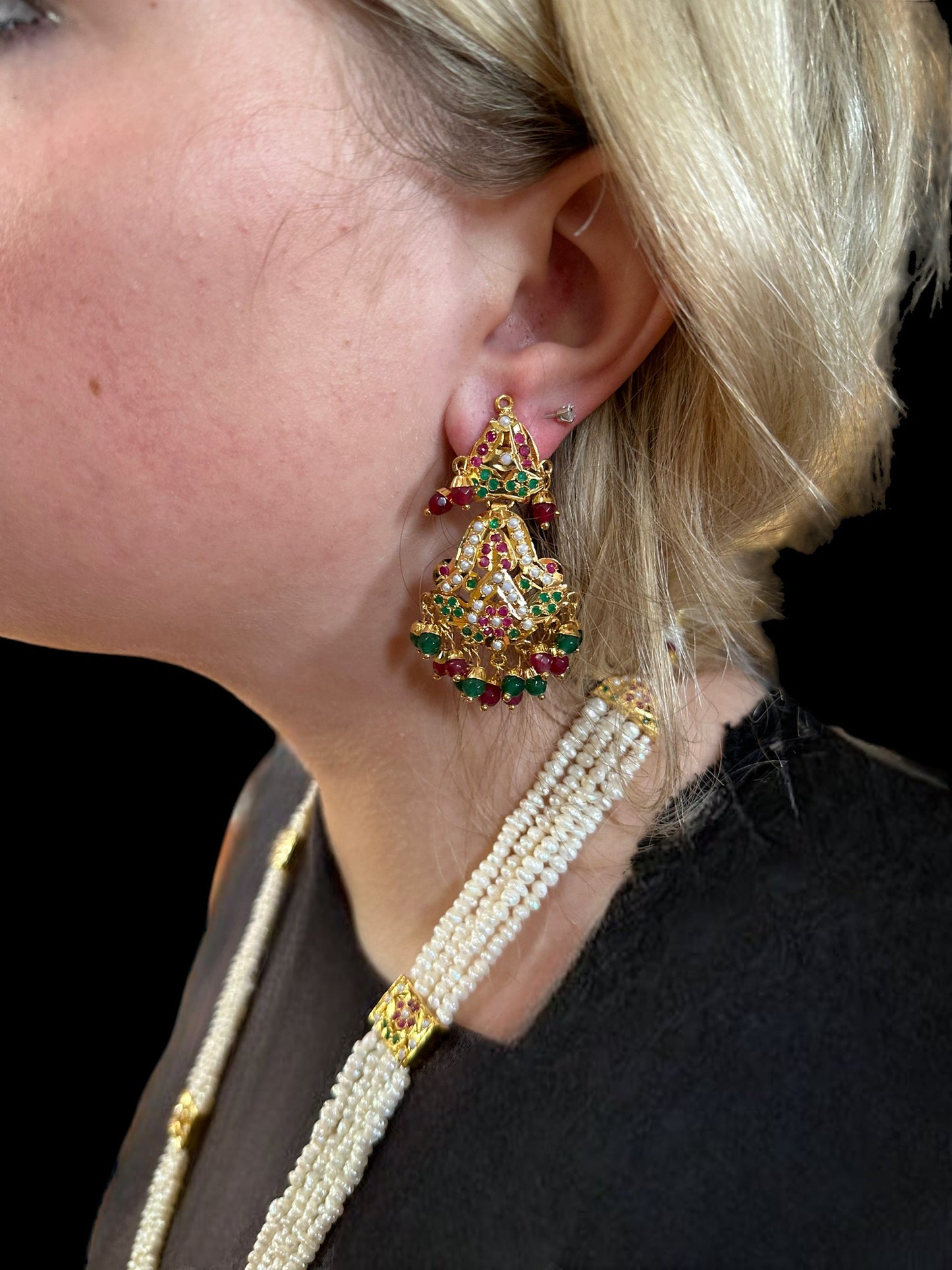 DLN11 jadau rani haar in ruby emerald with fresh water pearls ( READY TO SHIP)