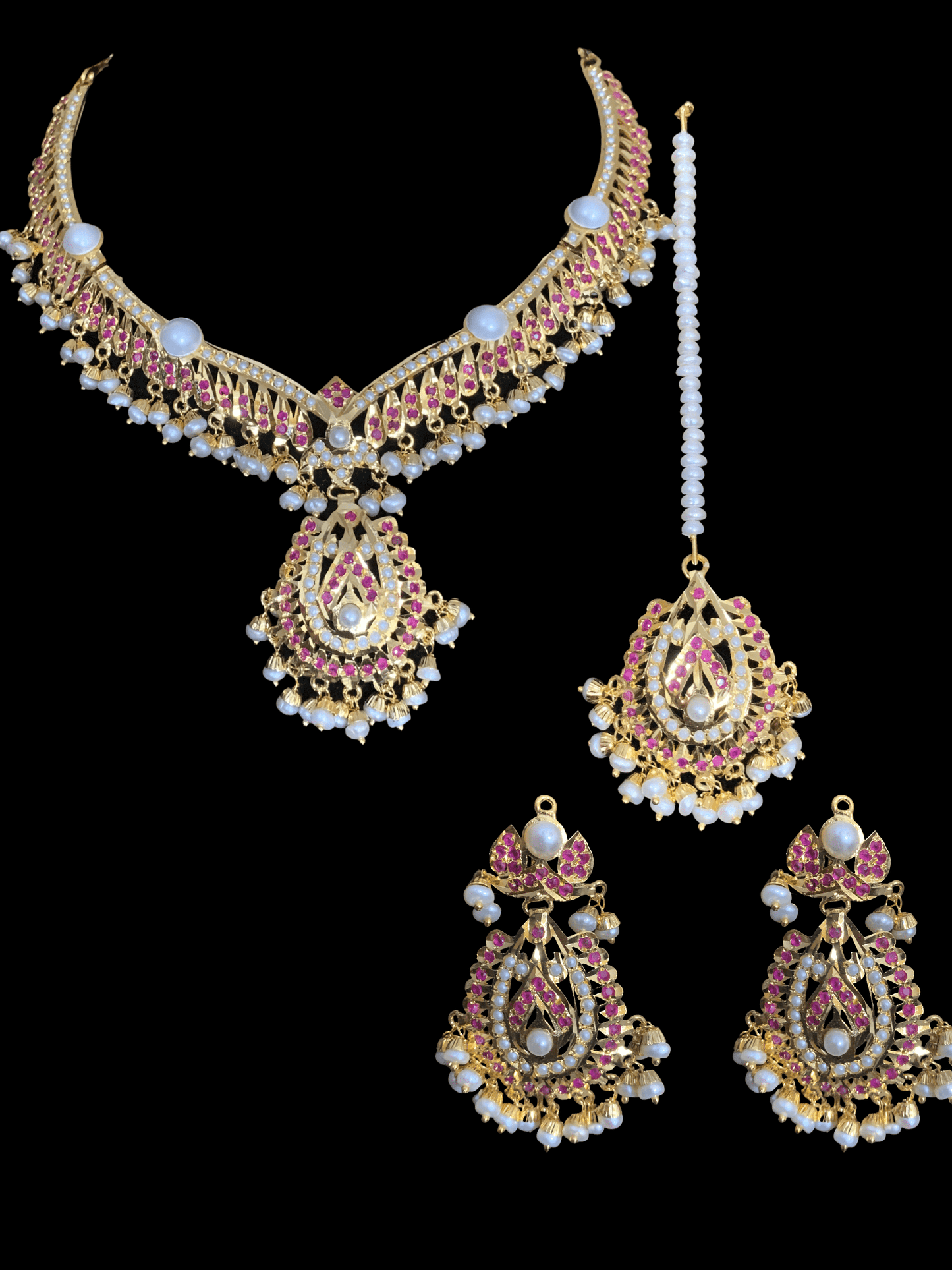 NS325 jadau necklace in ruby with fresh water pearls (READY TO SHIP )