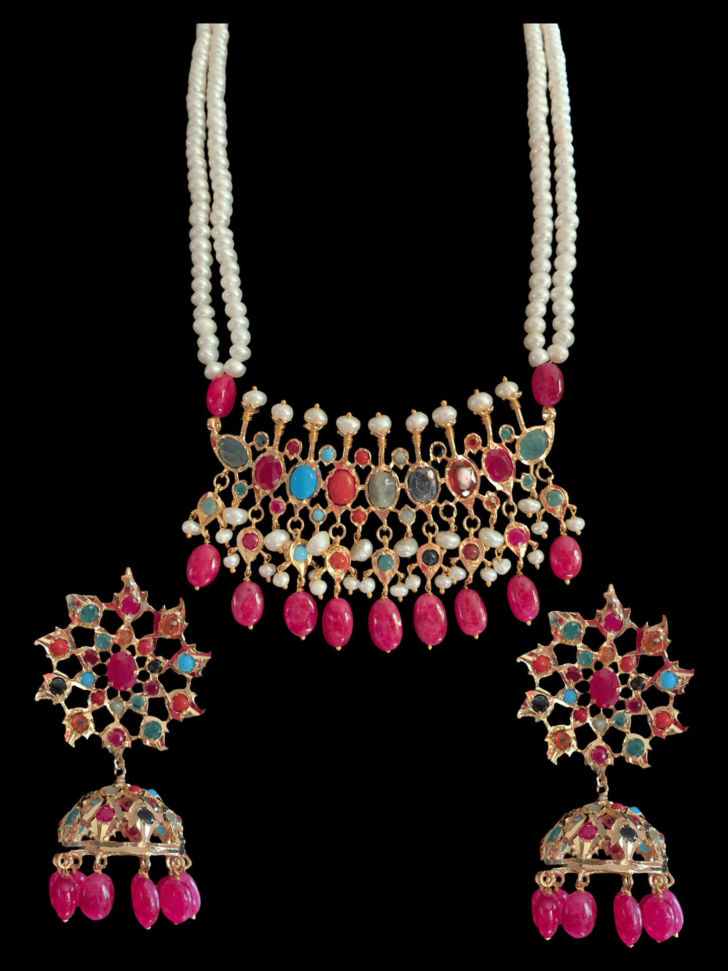 PS510 Navratan Tirmani Necklace with Oversized Jhumka Earrings – Gold-Plated Jewelry with Freshwater Pearls and Real Ruby Beads ( READY TO SHIP )