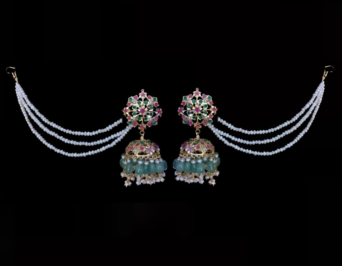 MAHIMA large jadau jhumka in emerald beads with fresh water pearls ( SHIPS IN 2 WEEKS )
