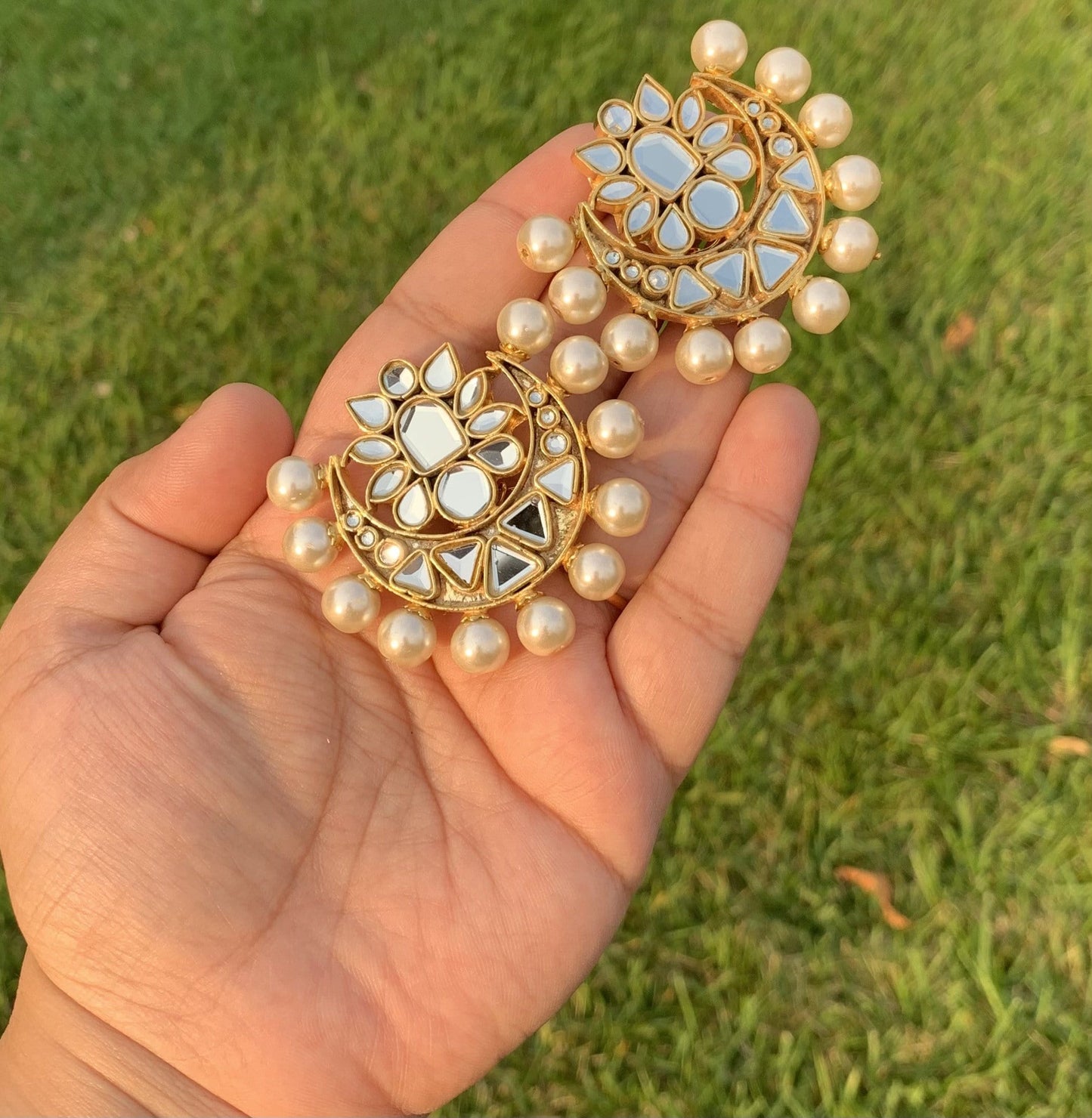 DT1 Niswa Gold-Plated Kundan Tops Handcrafted Pearl Stud Earrings ( READY TO SHIP )