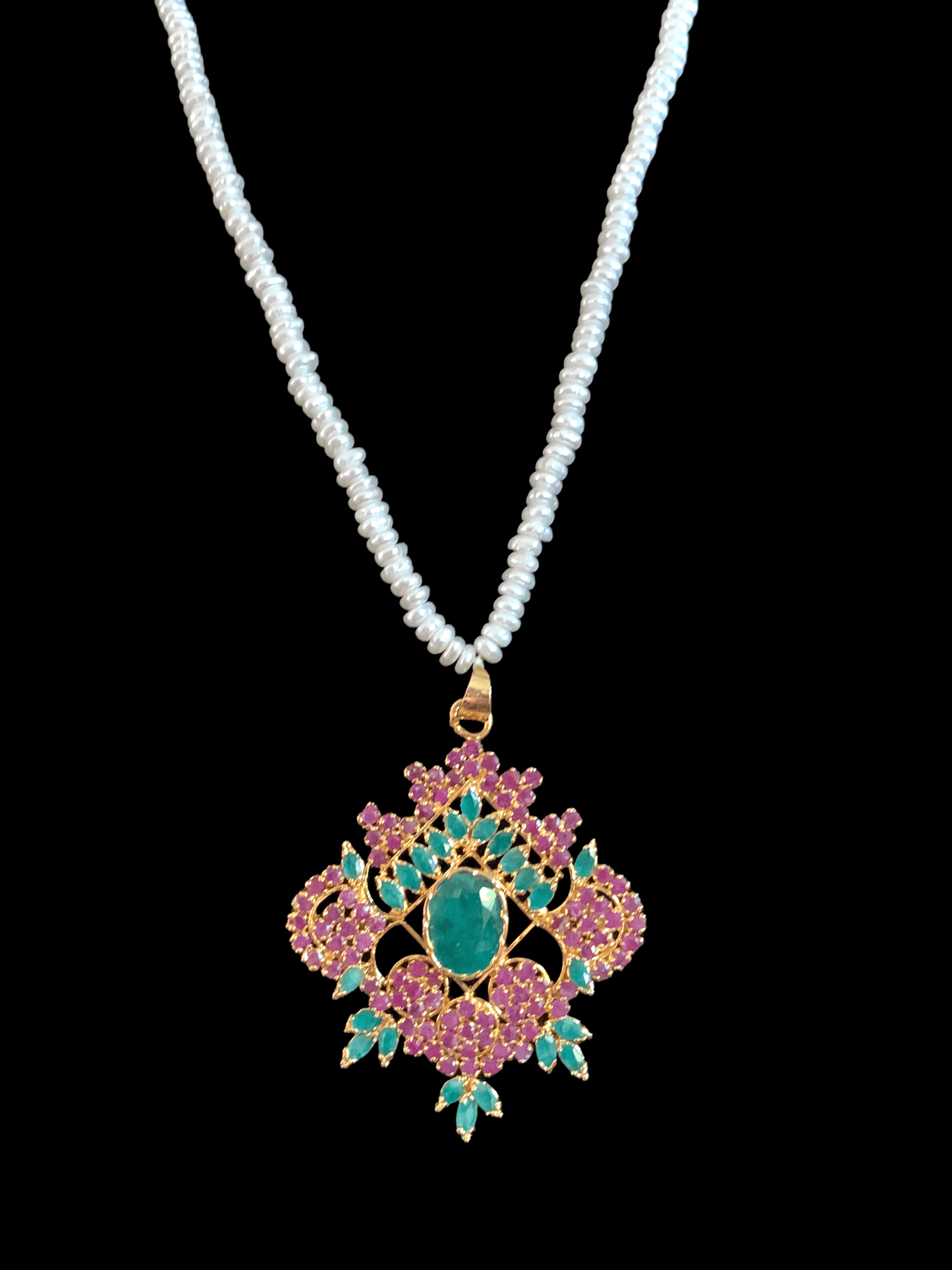 PS425 Ruby emerald pendant set in fresh water pearls ( READY TO SHIP )