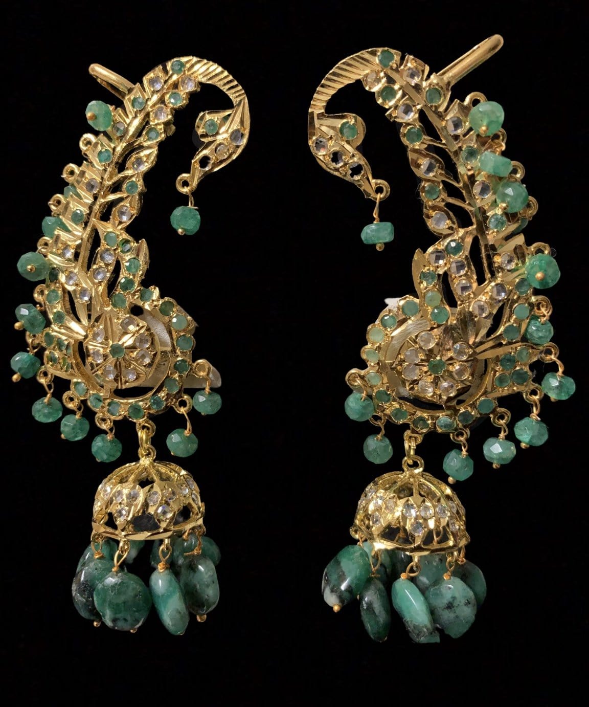DER222 Kiran kaanphool jhumka in emeralds (READY TO SHIP)