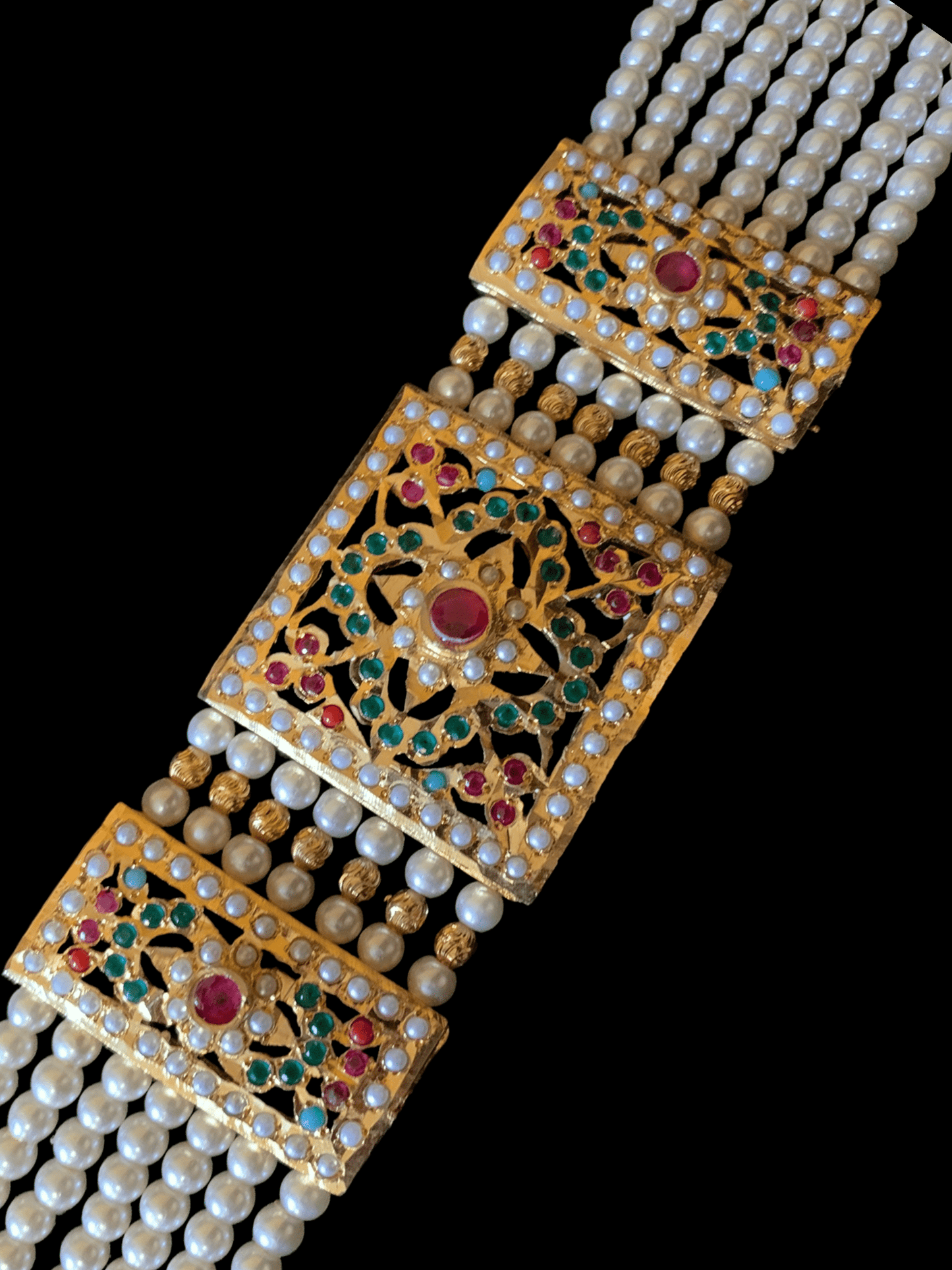 B66 Saira jadau bracelet in navratan with pearls ( READY TO SHIP )