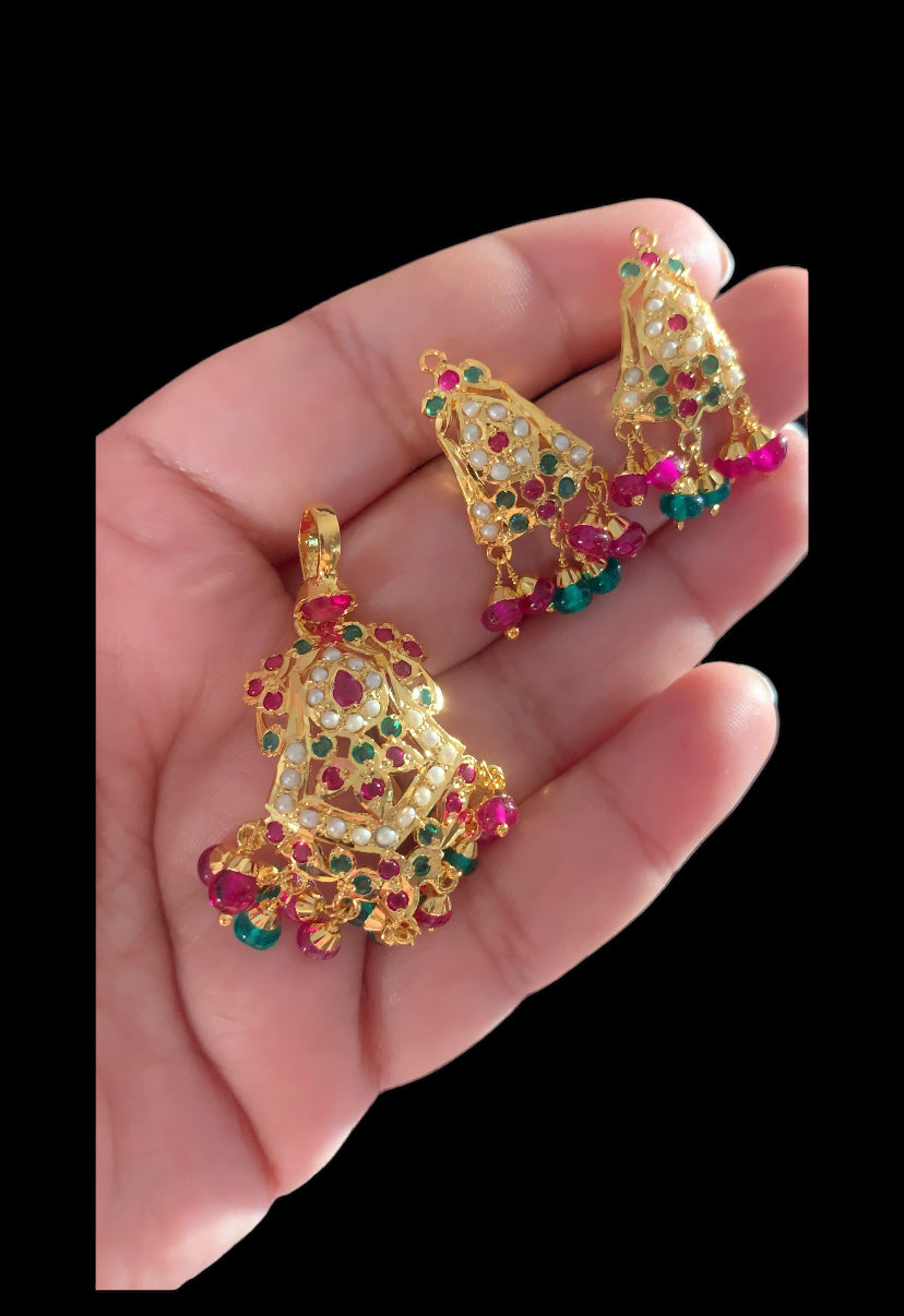 Gold plated silver pendant set in ruby emerald ( SHIPS IN 4 WEEKS )