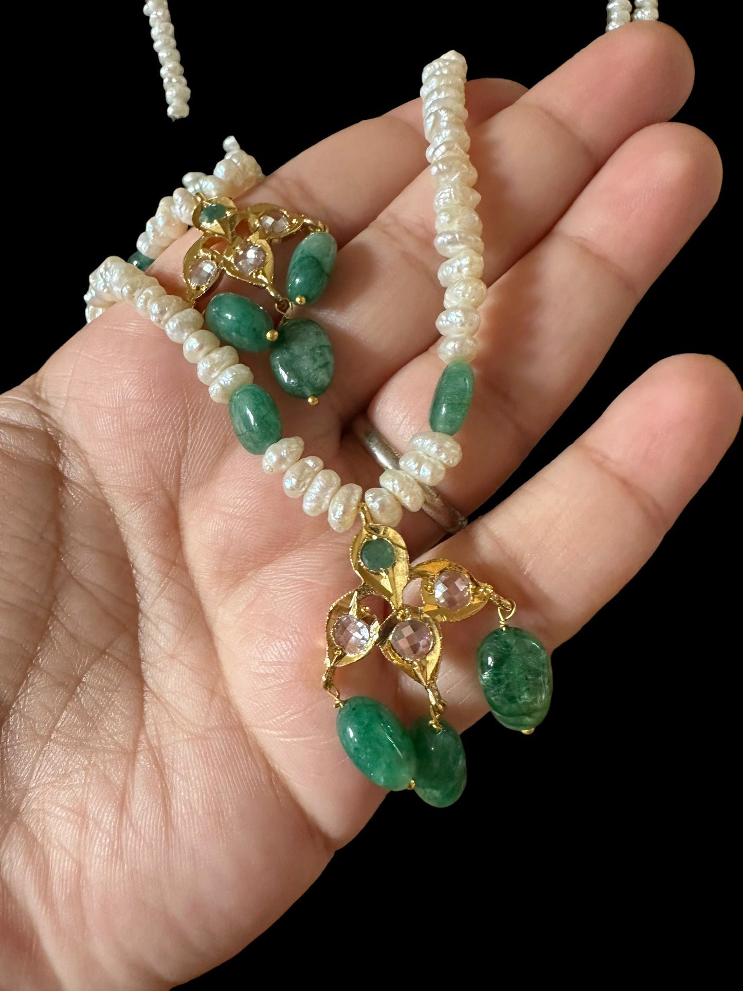 SAT81 Hyderabadi satlada in emerald beads and fresh water pearls (SHIPS IN 2 WEEKS )