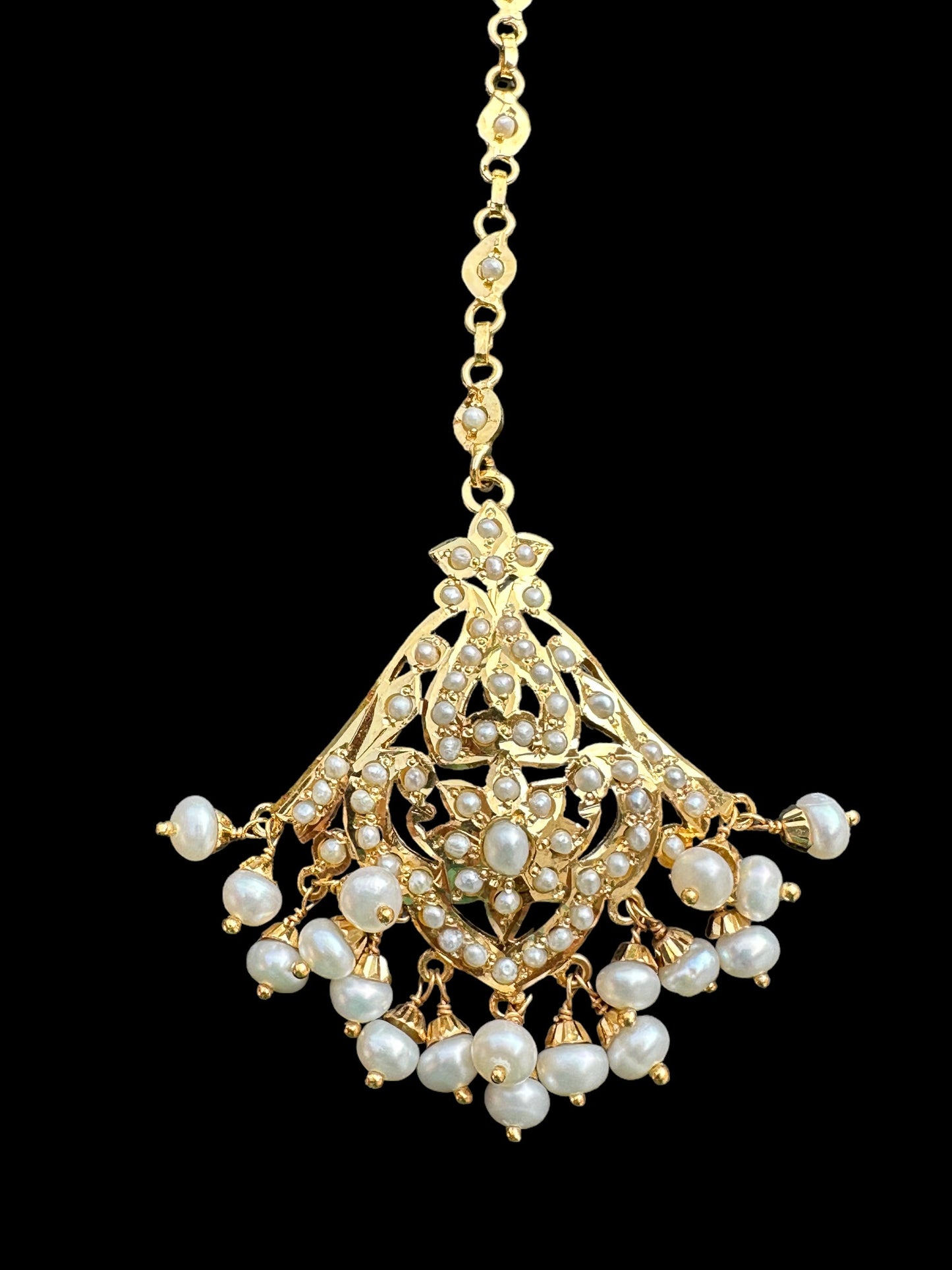 Gold plated silver tikka in fresh water pearls ( SHIPS IN 4 WEEKS )