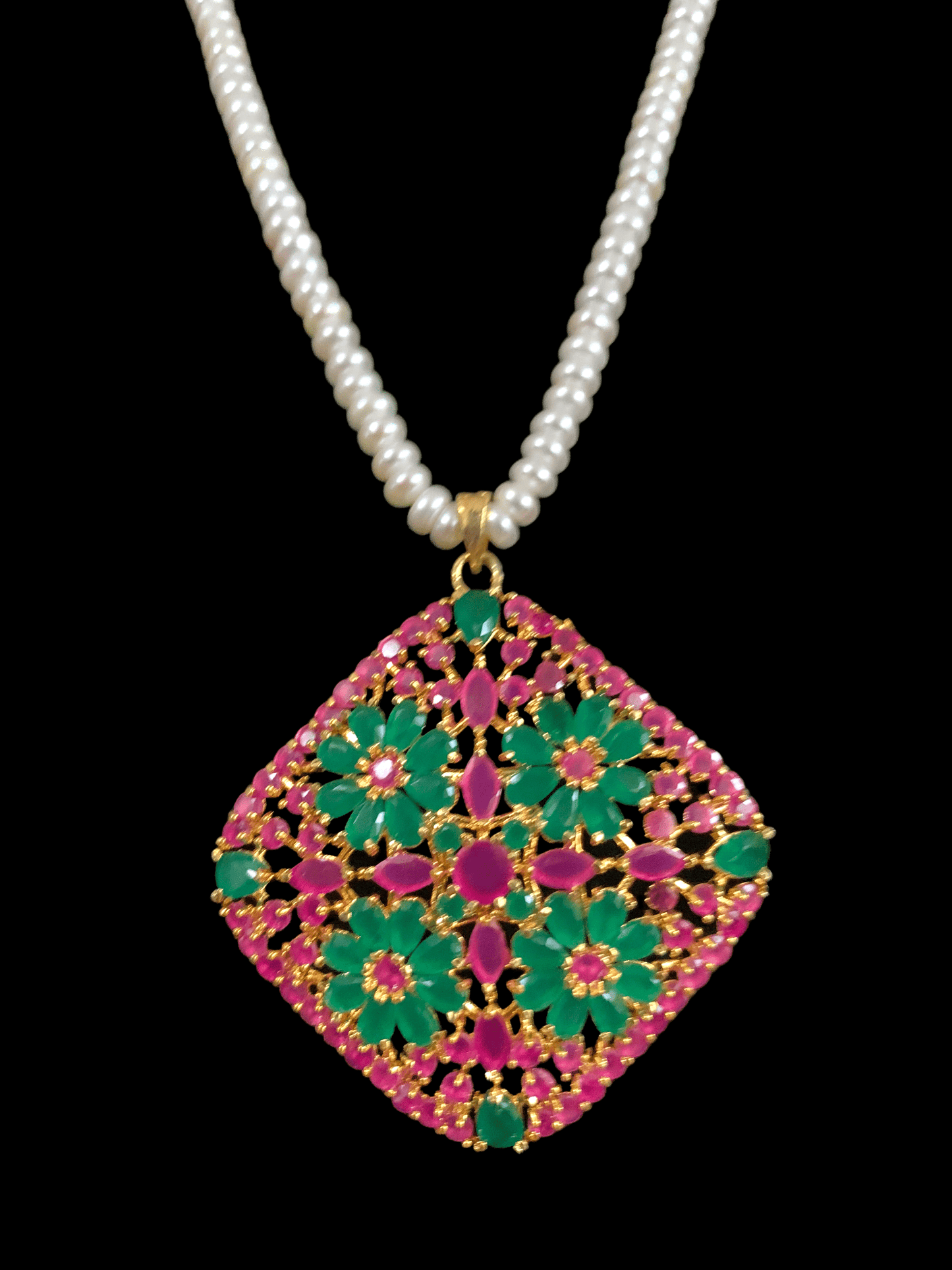 Ps411 Ramla pendant set in fresh water pearls -Ruby emerald ( READY TO SHIP)