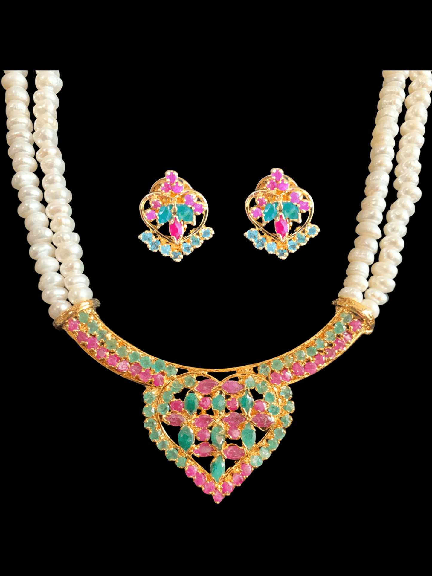 LN132 Ruby emerald long necklace set in fresh water pearls ( READY TO SHIP )