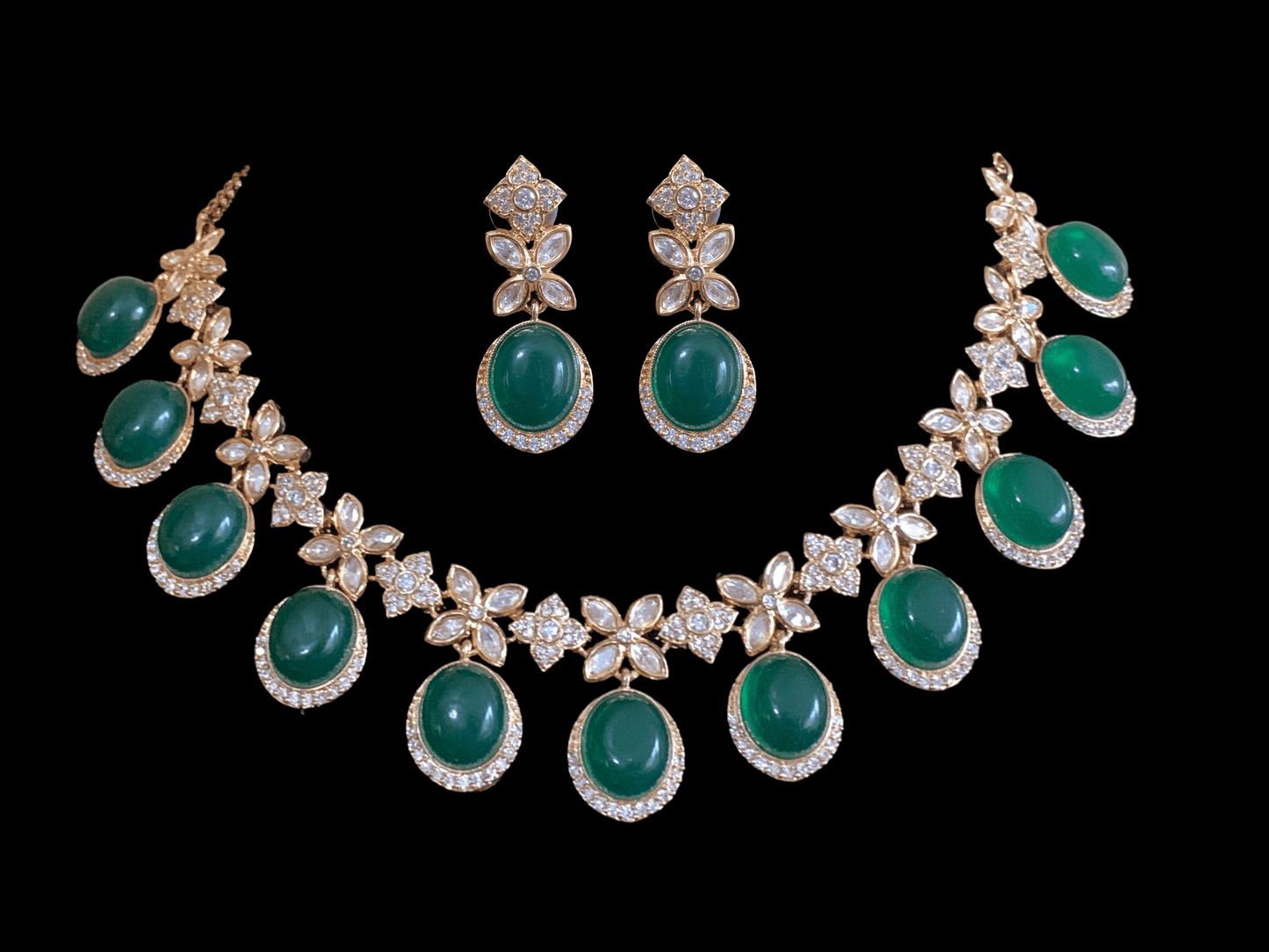NS345 Gold plated high quality cz polki necklace with earrings - Green ( READY TO SHIP)