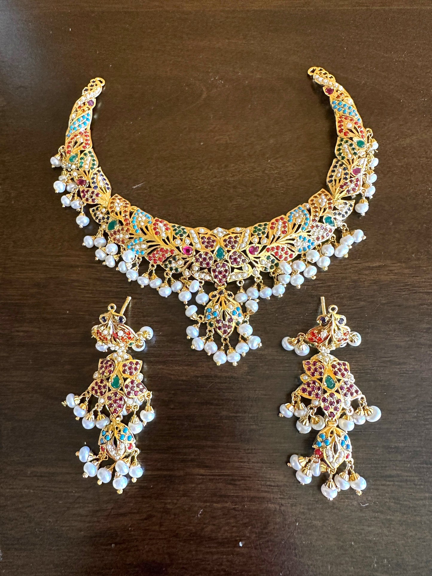 Navratan necklace set with fresh water pearls in gold plated silver ( READY TO SHIP )