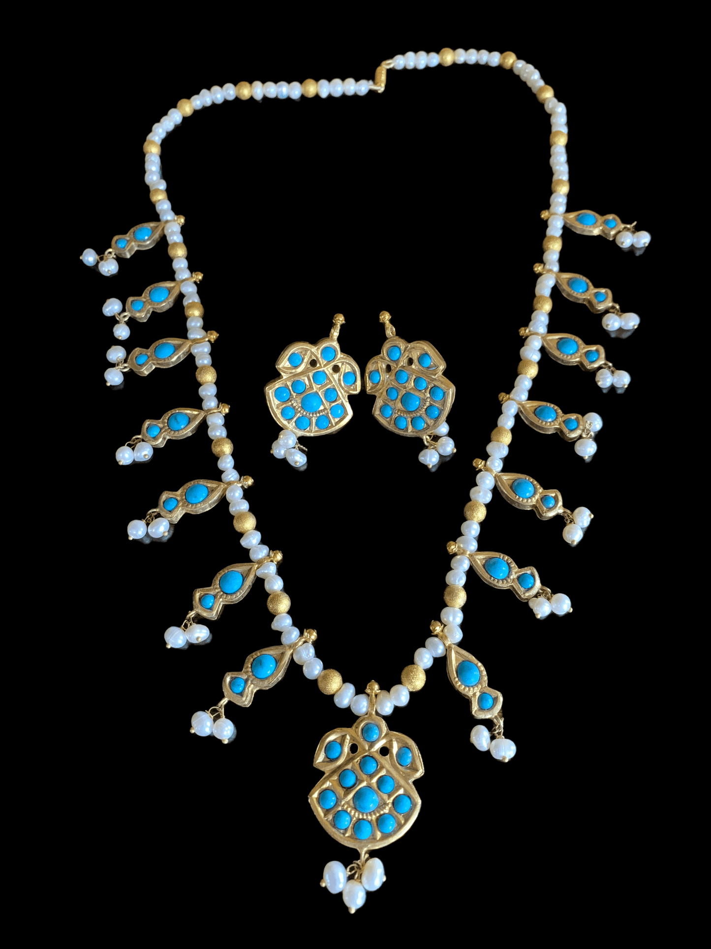 NS218 feroza kali necklace with natural turquoise and fresh water pearls (SHIPS IN 4 WEEKS )