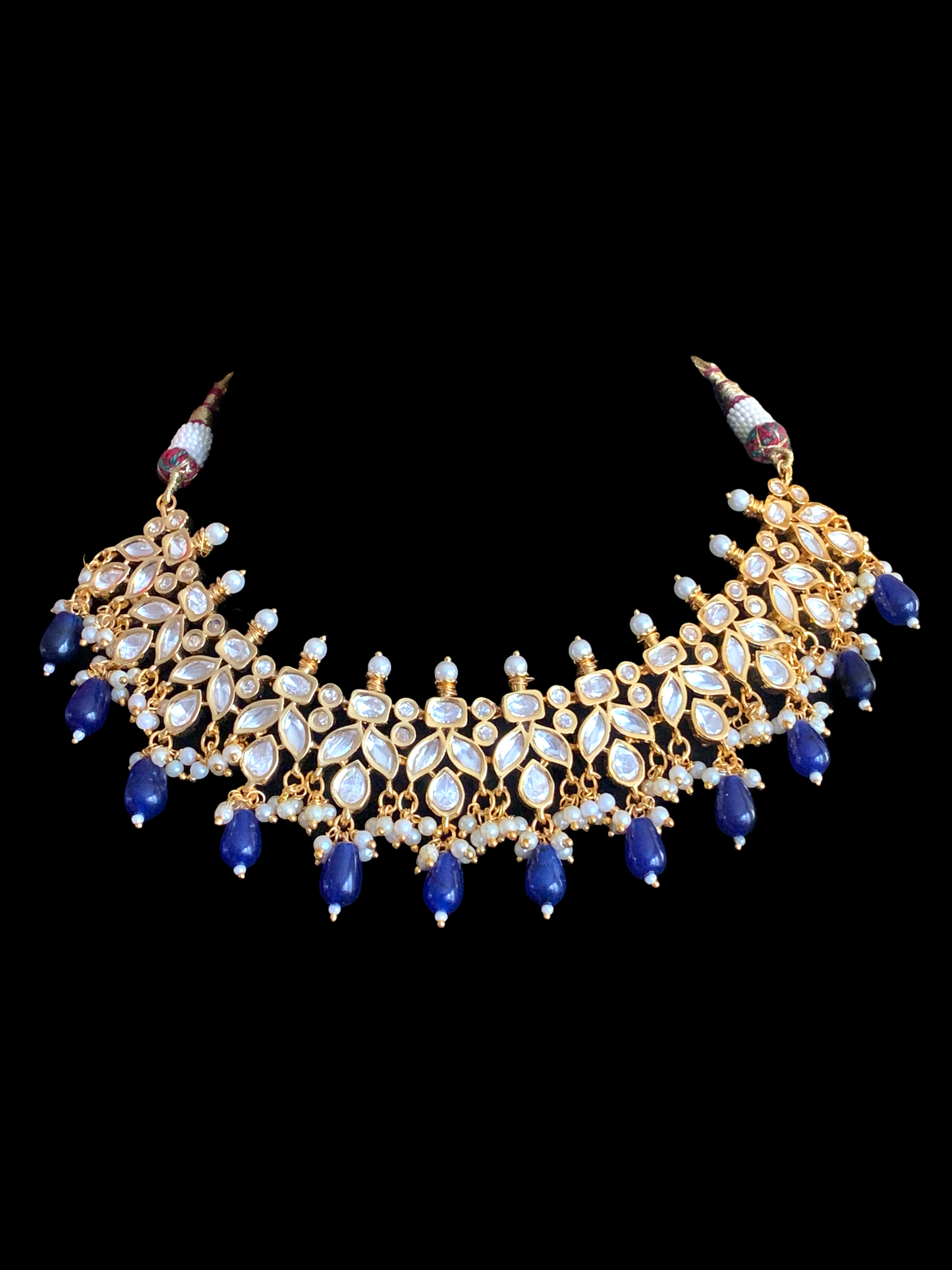 NS355 high quality polki necklace in pearls and blue beads ( READY TO SHIP)