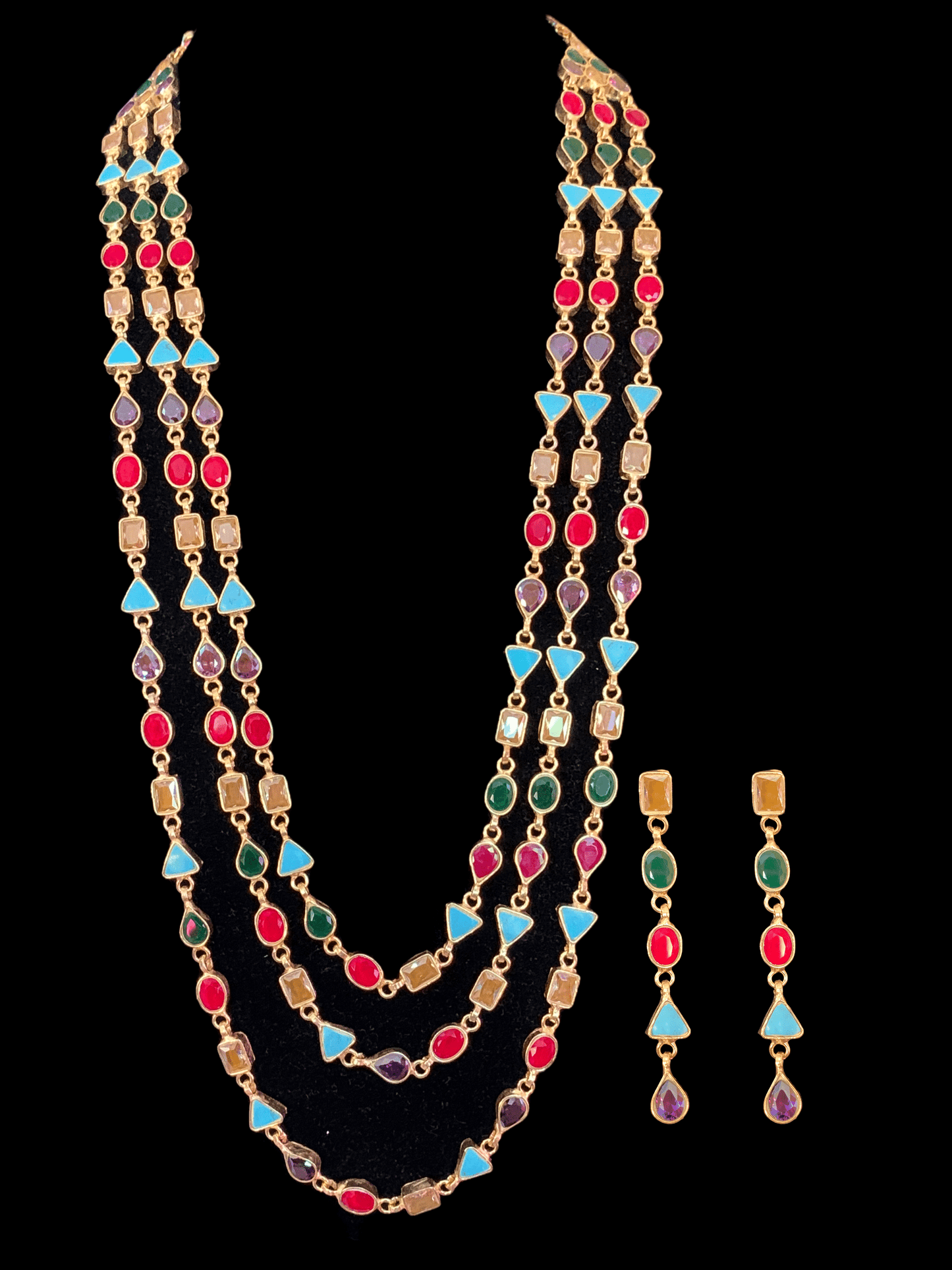 SAT45 Mona three layer navratan mala with earrings ( READY TO SHIP)