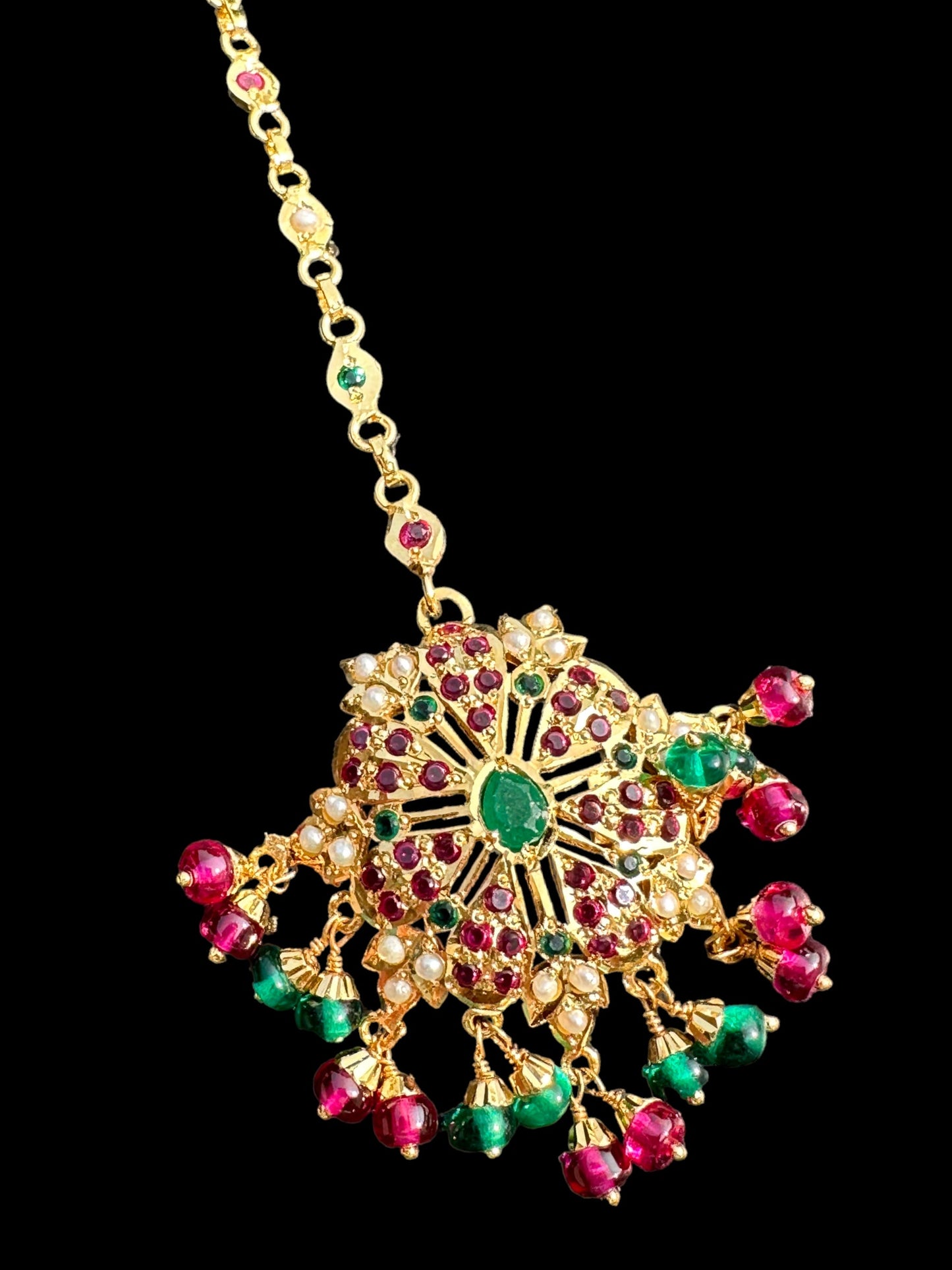 Gold plated silver tika in ruby emerald (SHIPS IN 4 WEEKS  )